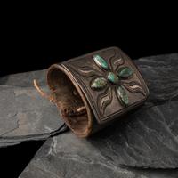 Early Navajo Ingot and Turquoise Ketoh, with Carved Design on Leather Band
