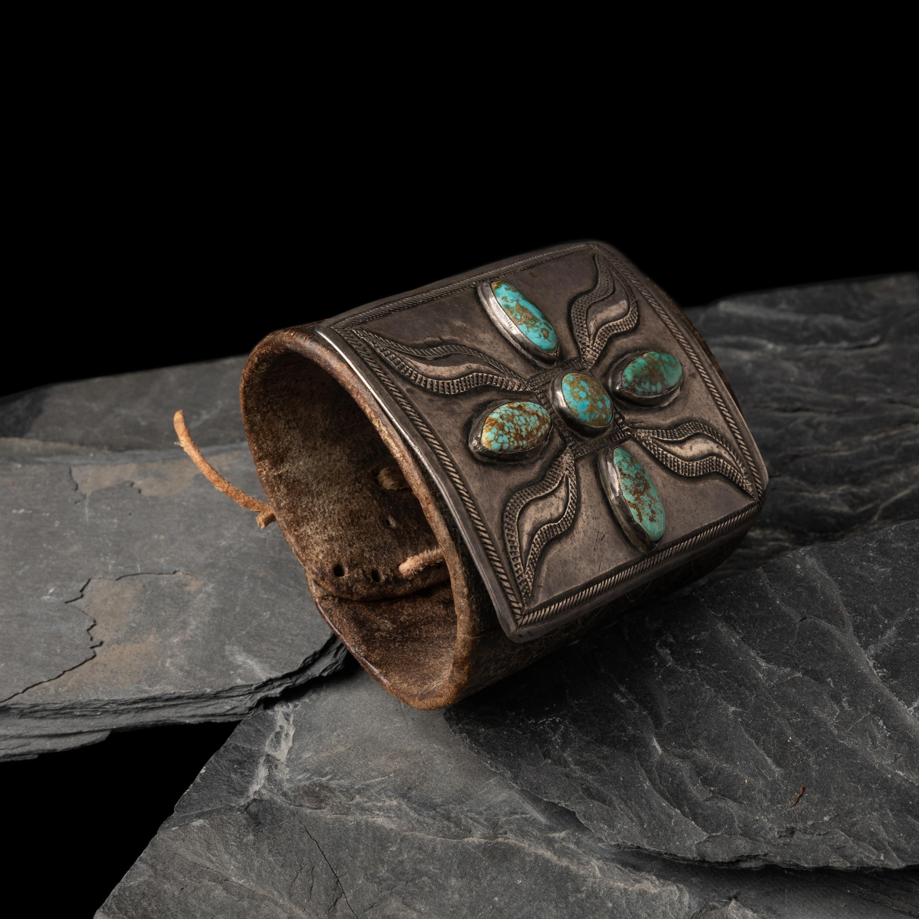 Early Navajo Ingot and Turquoise Ketoh, with Carved Design on Leather Band