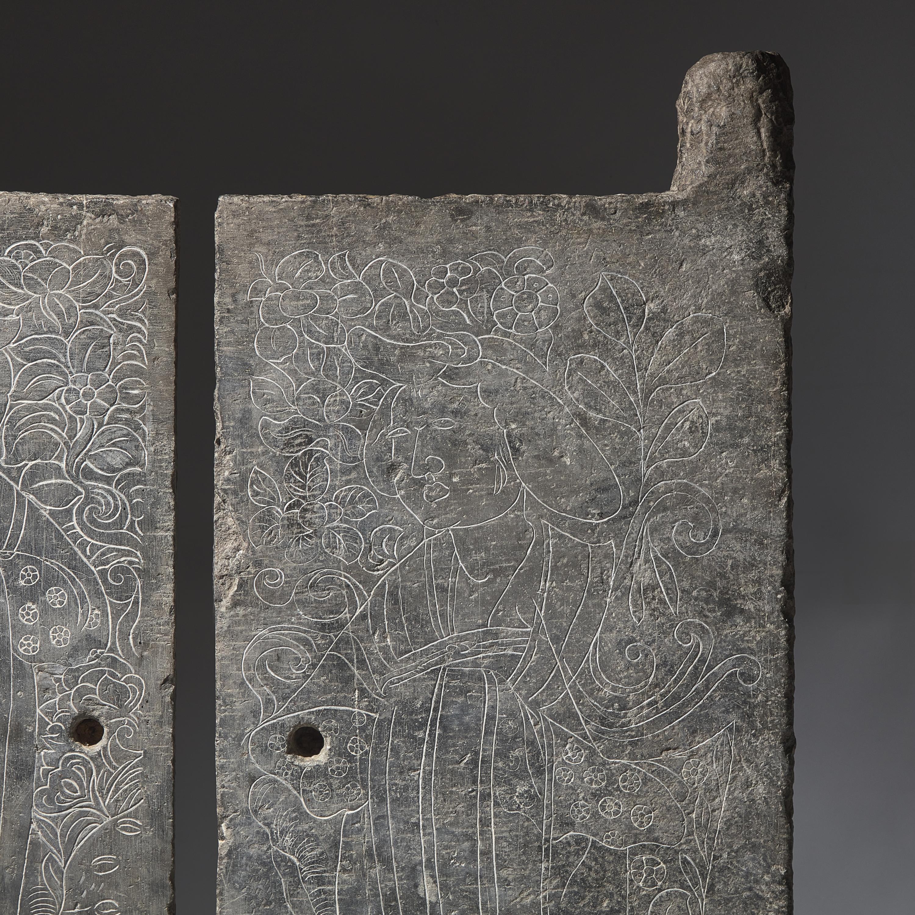 A Pair of Large Chinese Engraved 'Ladies' Tombs Doors, Mid Tang Dynasty — 盛唐 綫刻仕女圖青石墓門一對