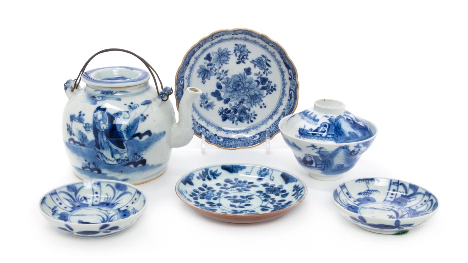 Six Chinese Blue and White Glazed Porcelain Articles Height of teapot 3 3/4 inches. — QING DYNASTY (1644-1912)