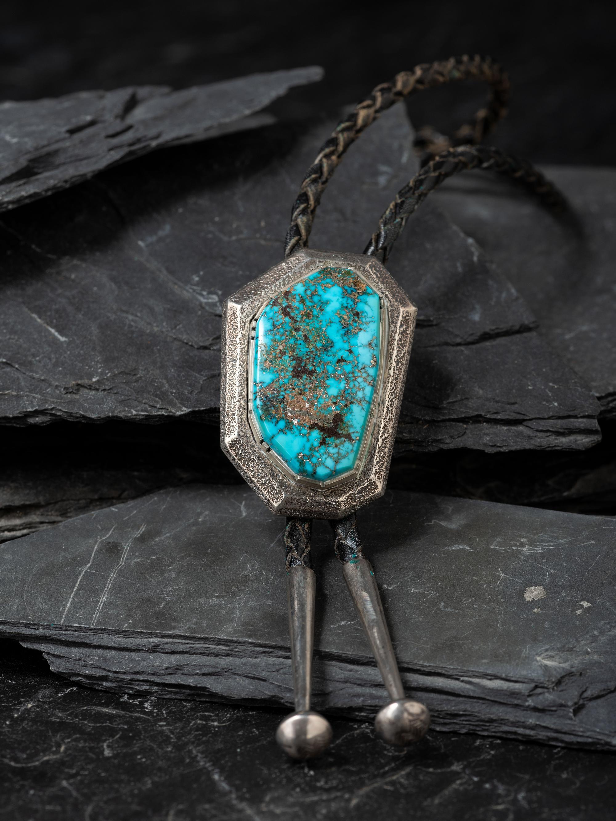 Tufa Cast Silver and Morenci Turquoise Bolo Tie