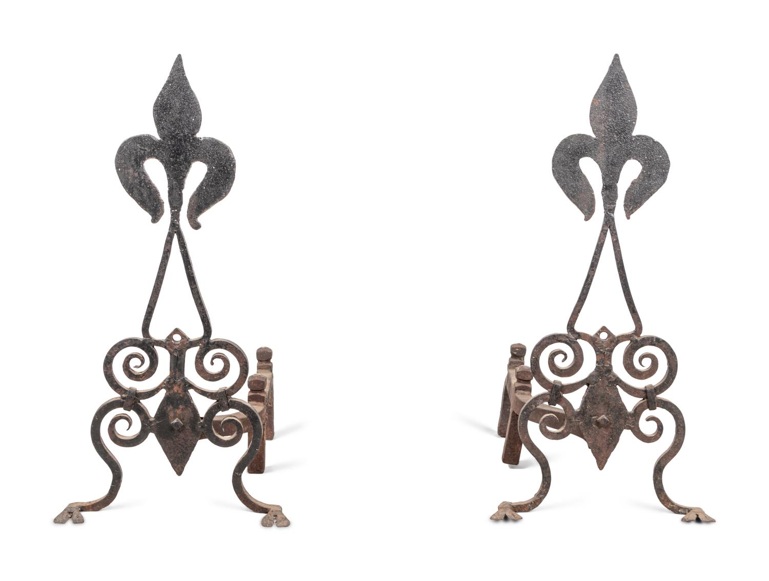 A Pair of Continental Iron Fleur-de-Lis Andirons