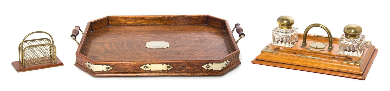 An English Brass Mounted Oak Inkstand, Width of first 15 inches.