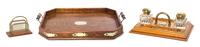 An English Brass Mounted Oak Inkstand, Width of first 15 inches.