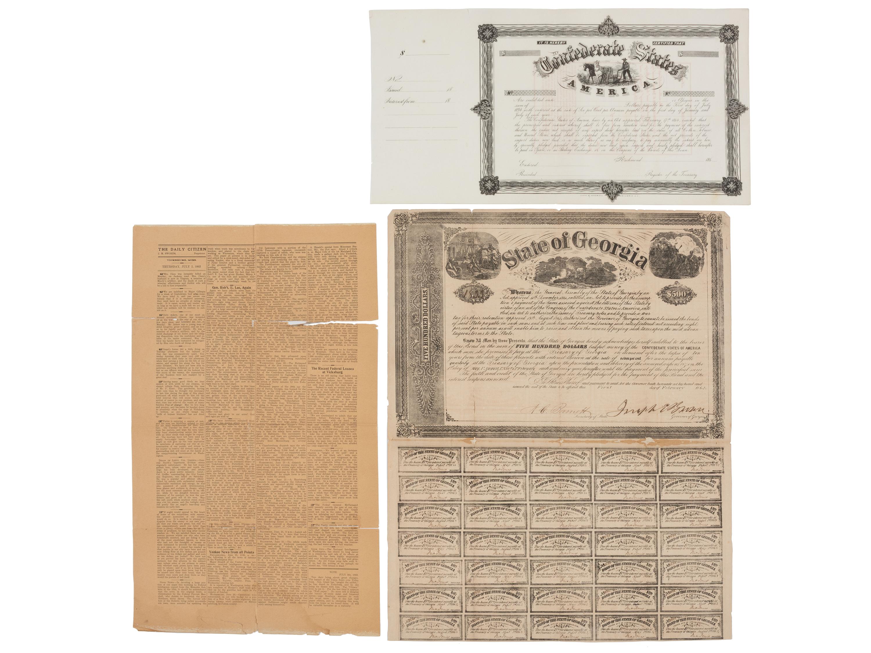 [CIVIL WAR]. 15 sheets of Confederate bonds. [ With: ] Vicksburg Daily Citizen souvenir printing.