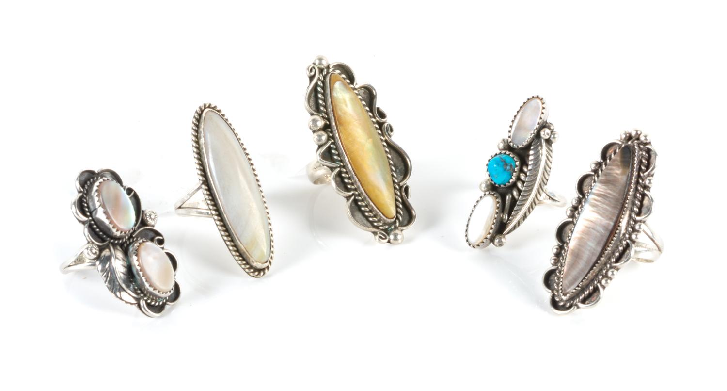 Five Southwestern Silver and Mother-of-Pearl Rings