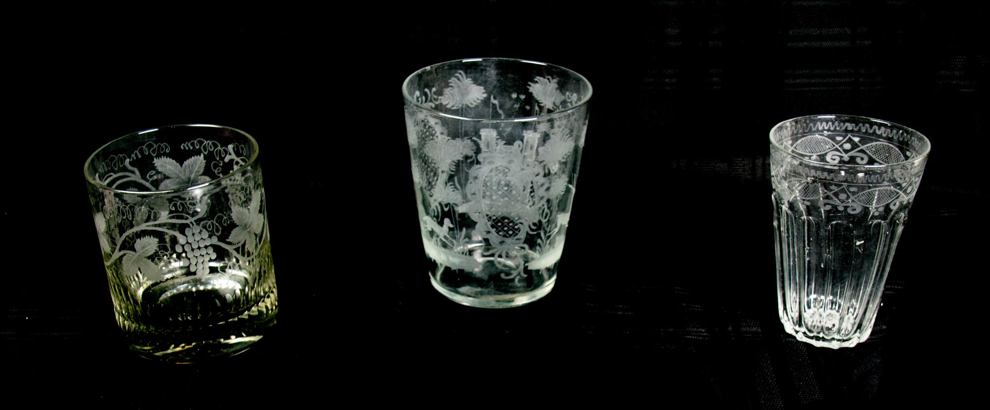 Three Continental Etched Glass Articles Diameter of bowl 9 inches. — 19TH CENTURY