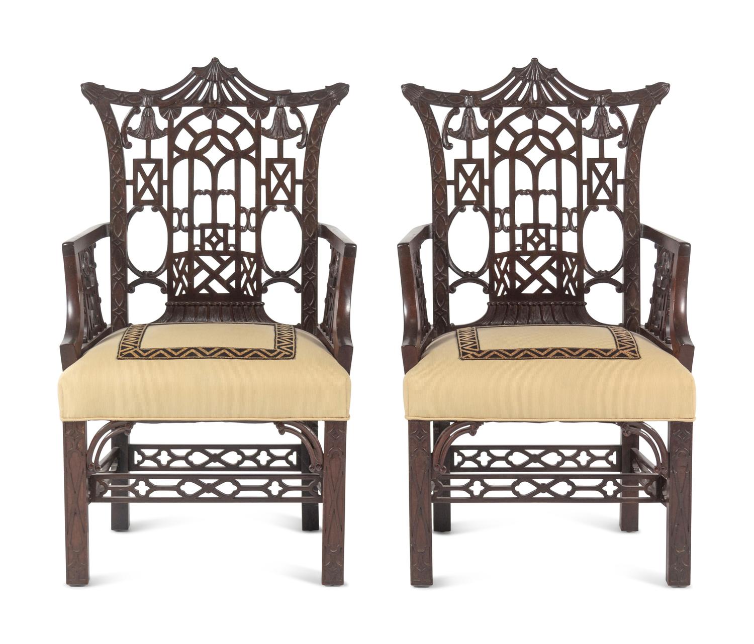 A Pair of 'Chinese Chippendale' Style Mahogany Armchairs