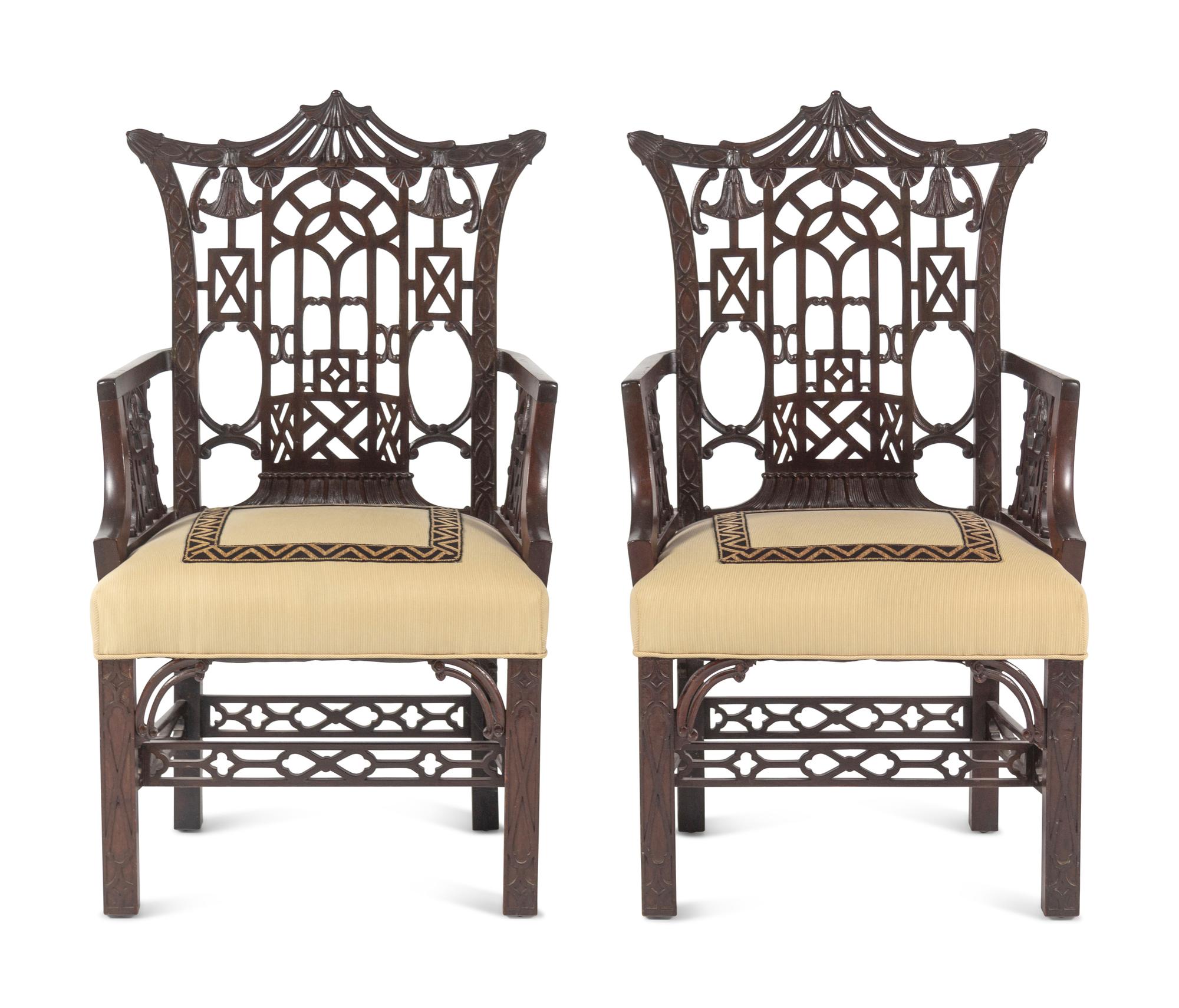 A Pair of 'Chinese Chippendale' Style Mahogany Armchairs
