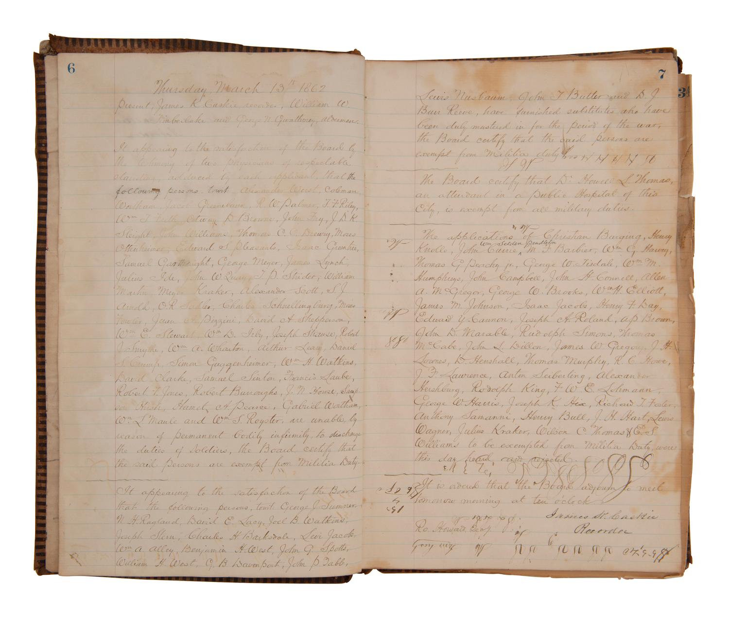 [CIVIL WAR - CONFEDERATE]. Ledger book containing records of military service exemptions and enlistments, Richmond, Virginia, 13-25 March 1862.