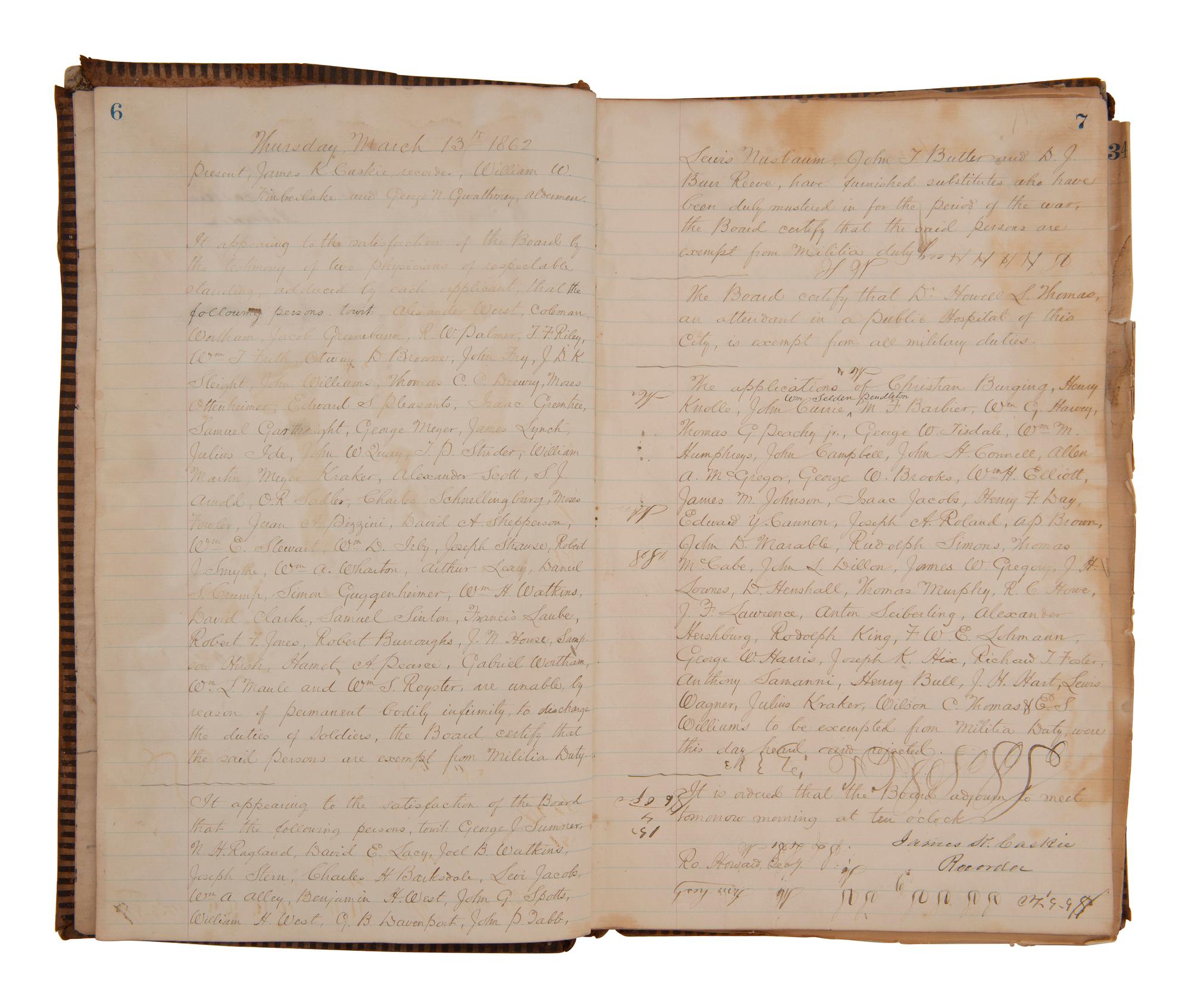 [CIVIL WAR - CONFEDERATE]. Ledger book containing records of military service exemptions and enlistments, Richmond, Virginia, 13-25 March 1862.