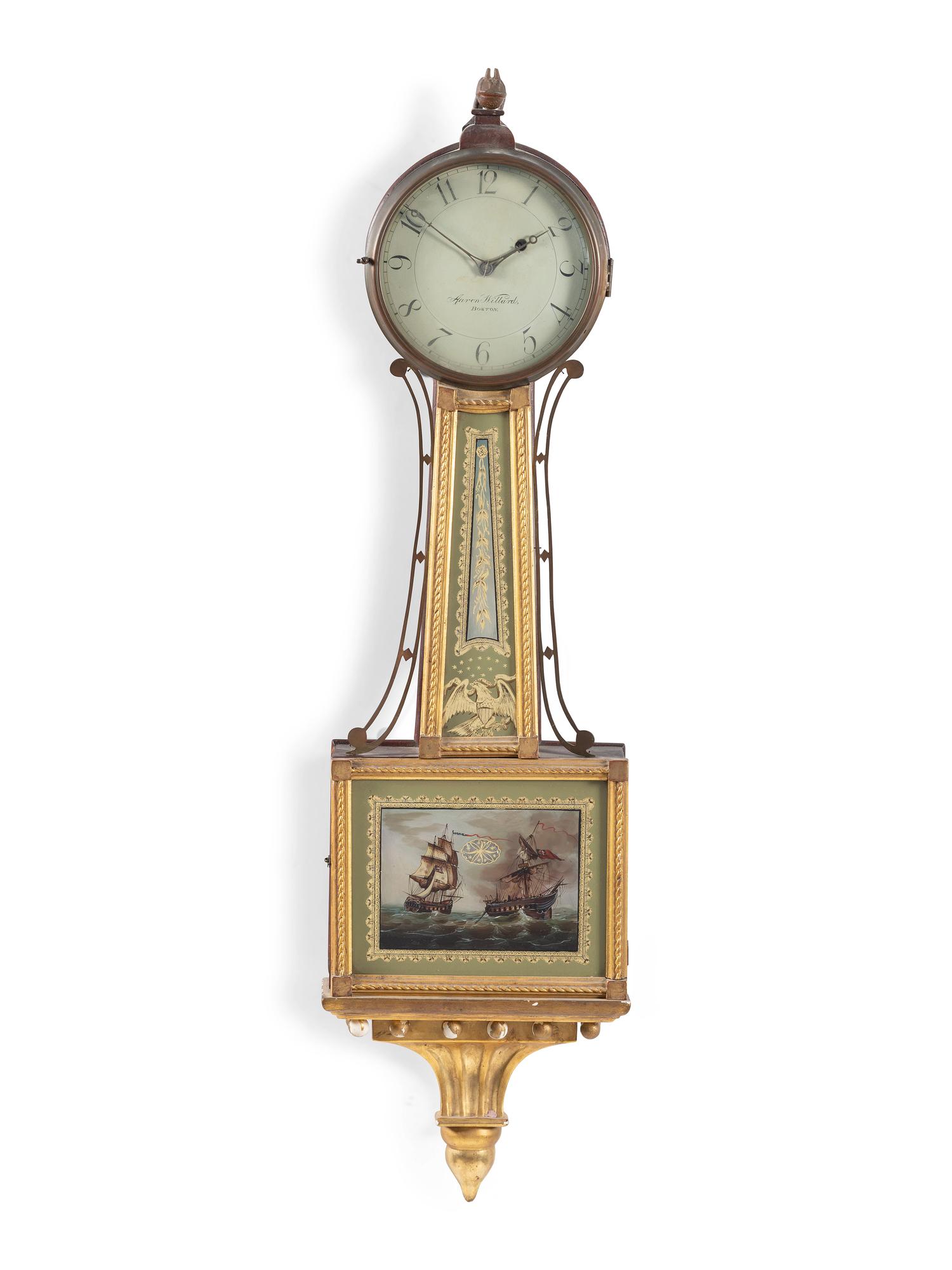 A Federal 'Battle of Lake Erie' Parcel Gilt Mahogany Banjo Clock