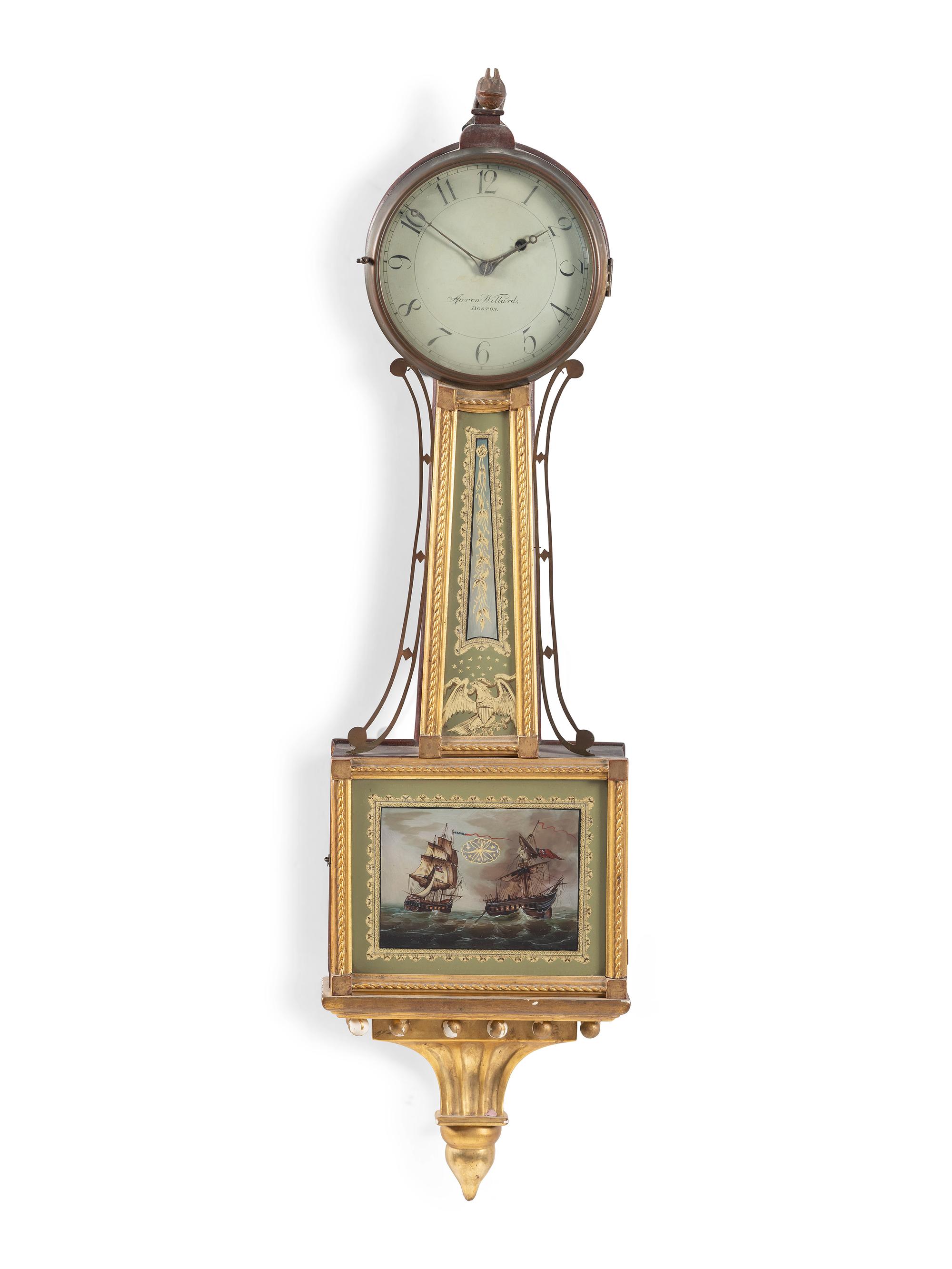 A Federal 'Battle of Lake Erie' Parcel Gilt Mahogany Banjo Clock