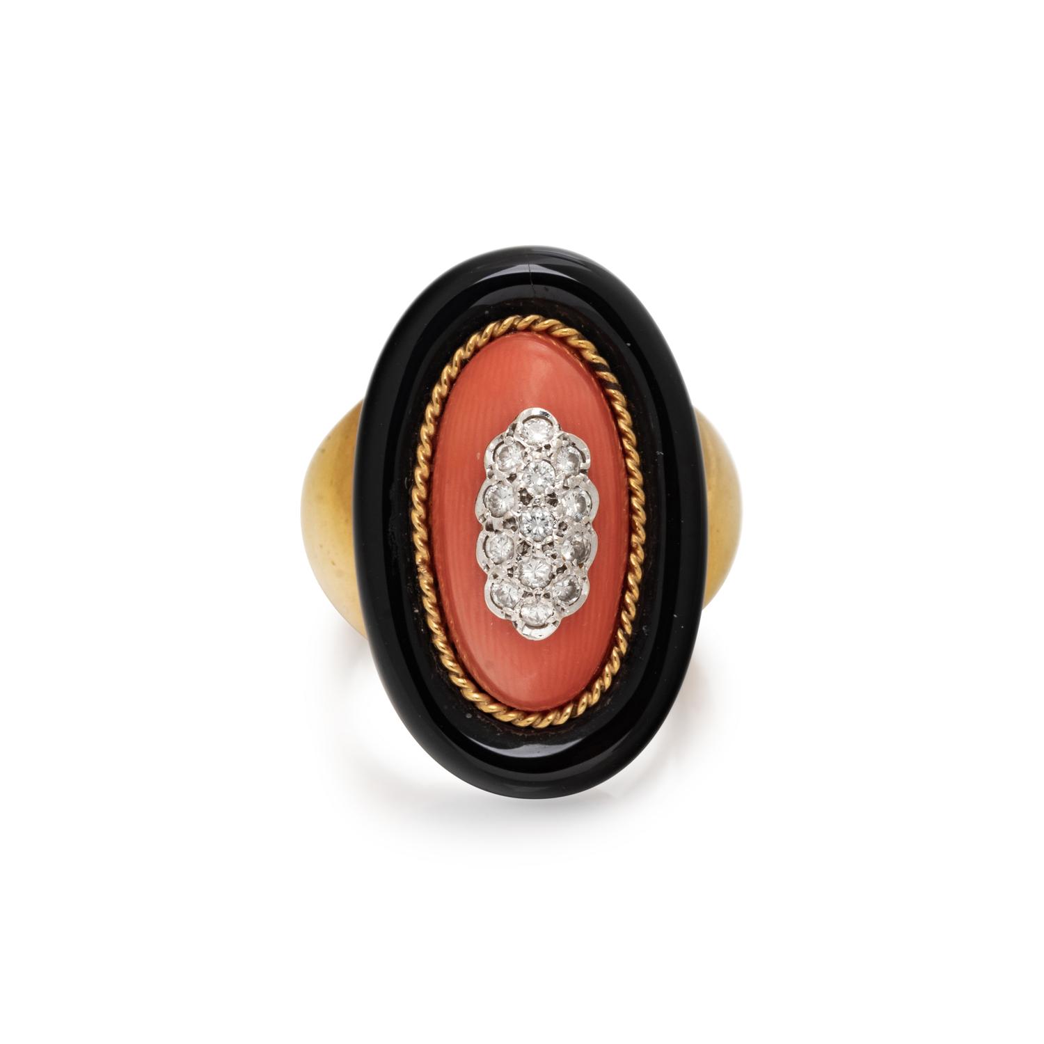 DIAMOND, CORAL, AND ONYX RING