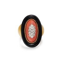 DIAMOND, CORAL, AND ONYX RING