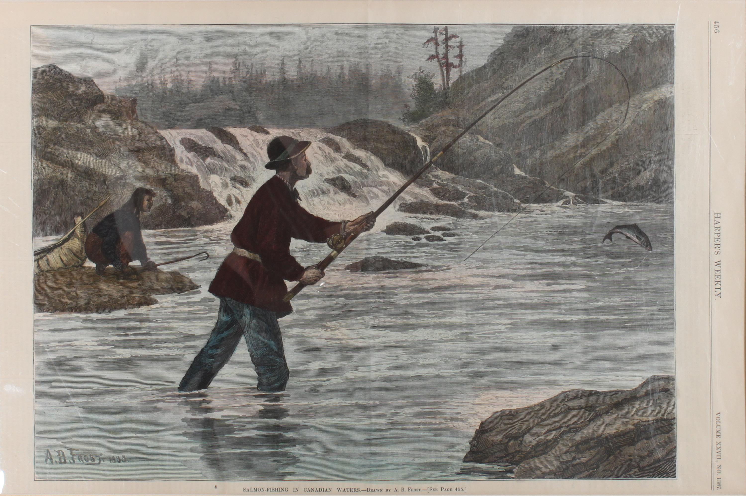 Six Hand Colored Fishing Prints Height 15 x width 10 inches (largest) — LATE 19TH/EARLY 20TH CENTURY