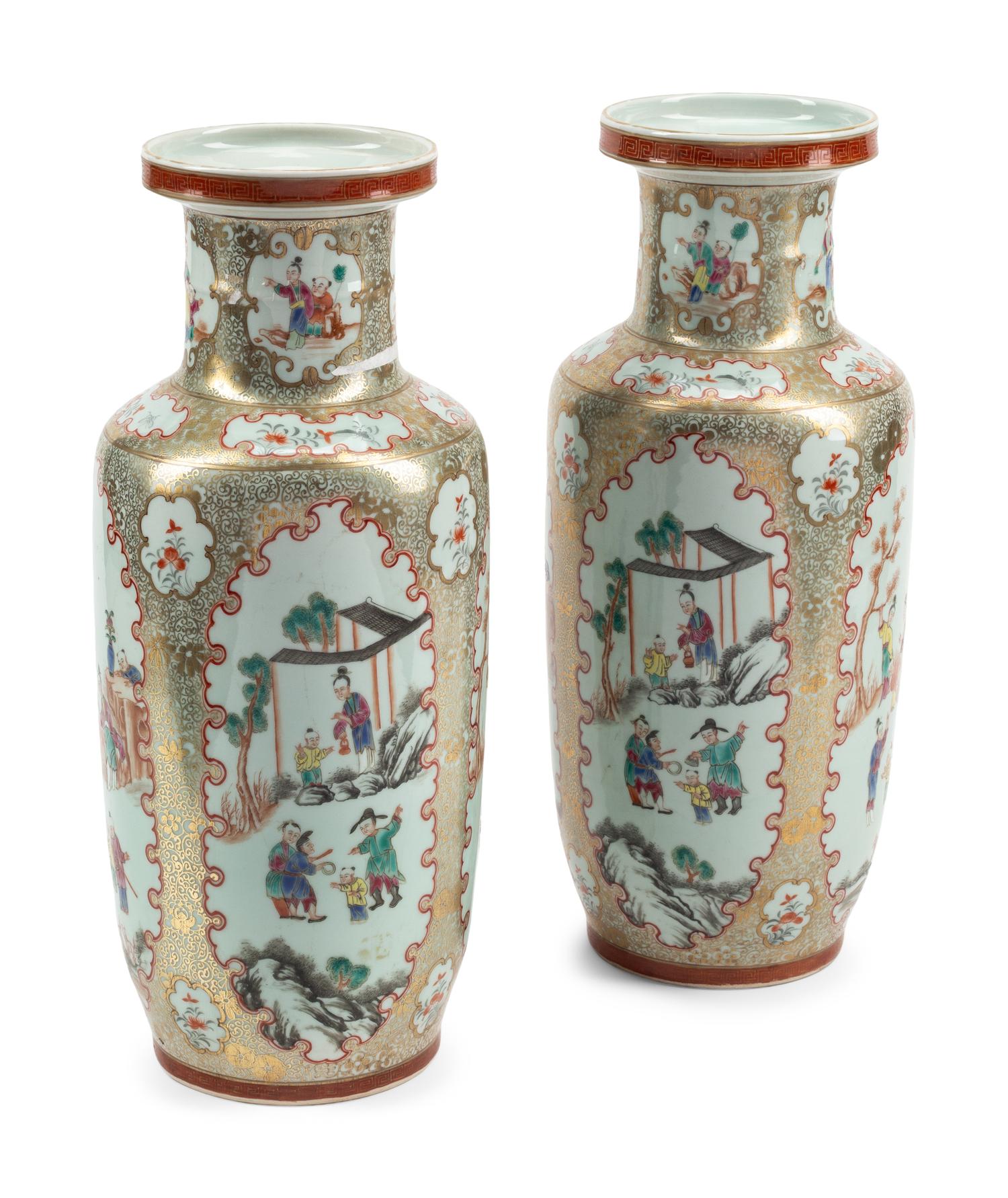 A Pair of Chinese Porcelain Rouleau Vases