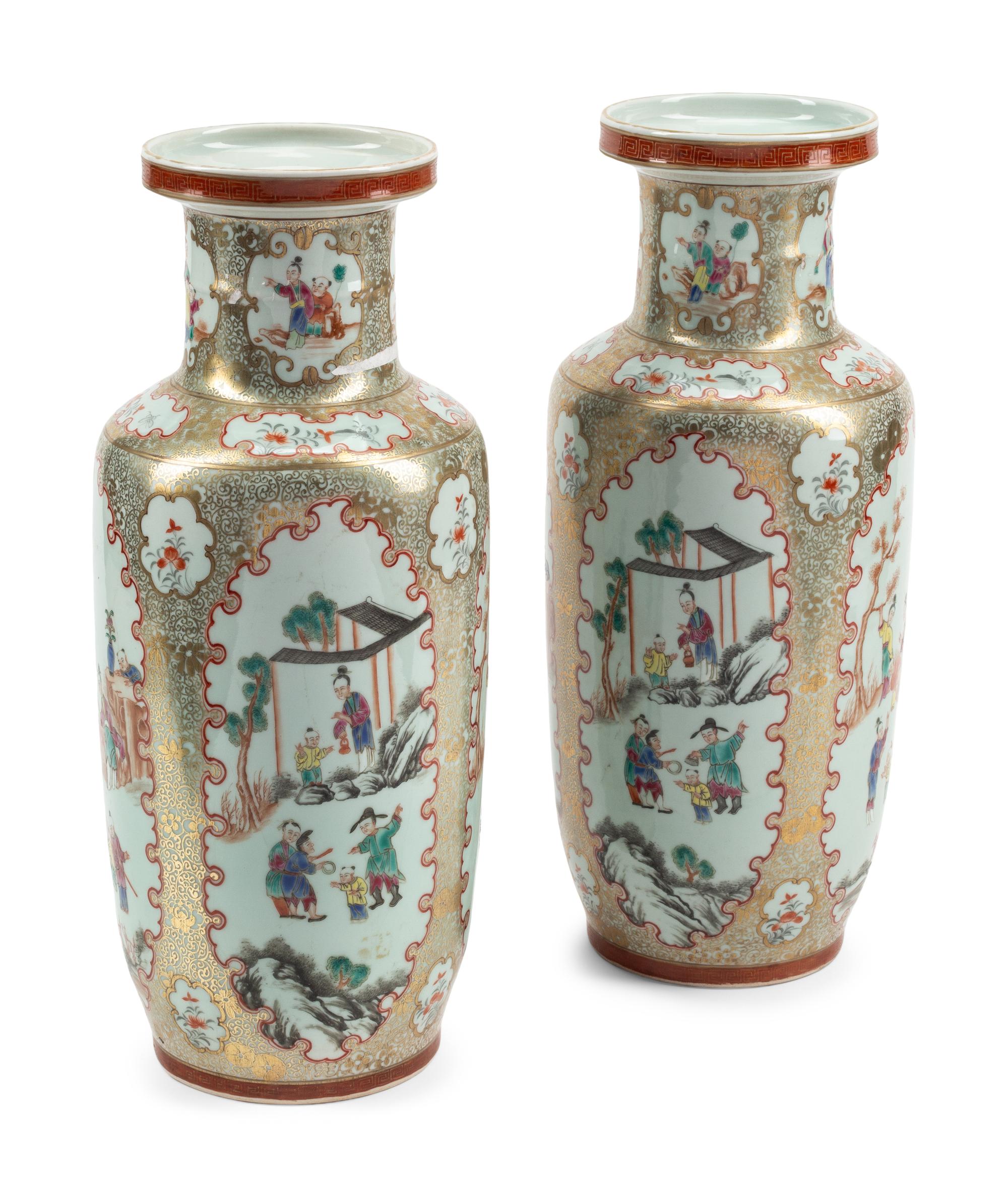 A Pair of Chinese Porcelain Rouleau Vases