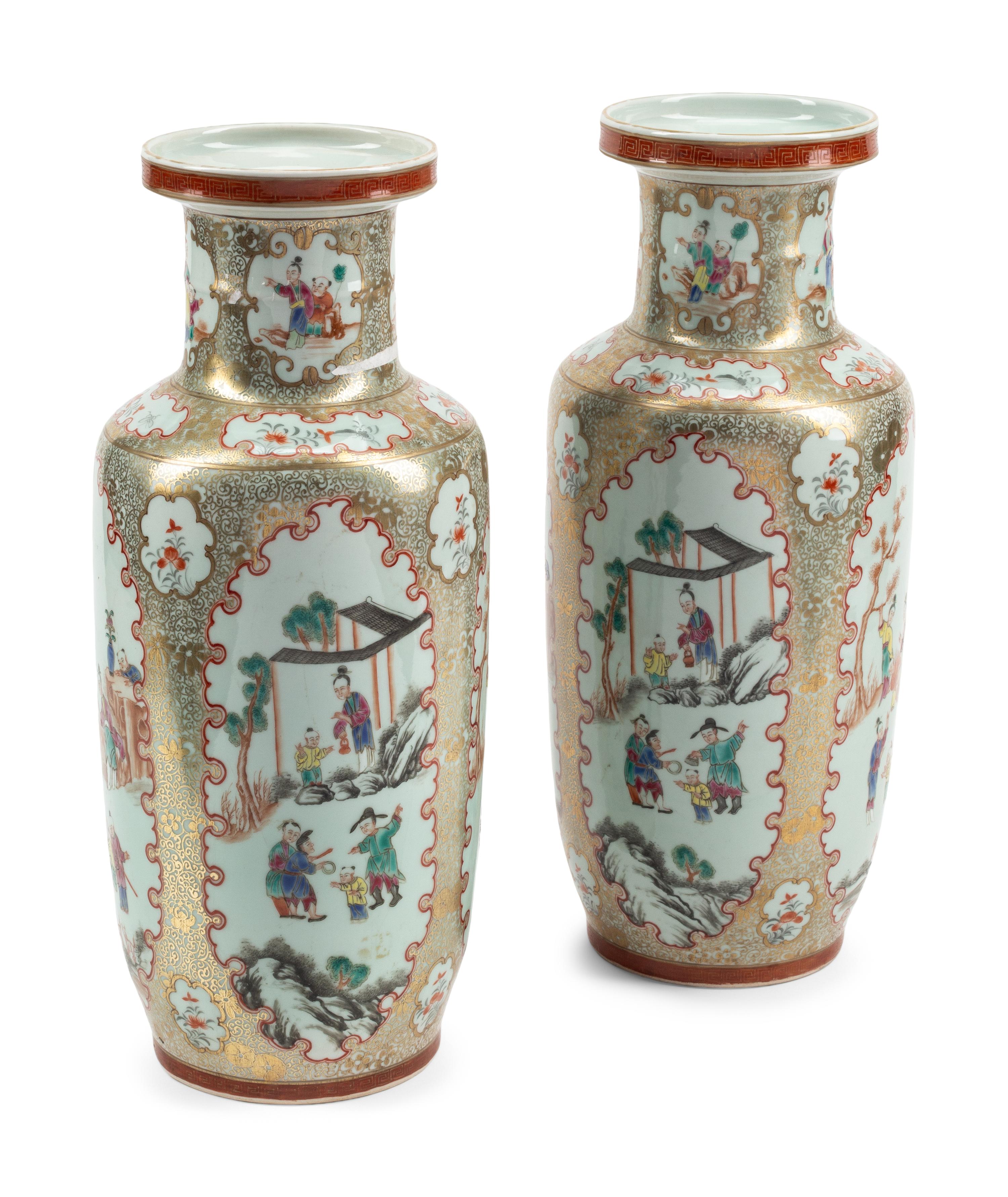 A Pair of Chinese Porcelain Rouleau Vases