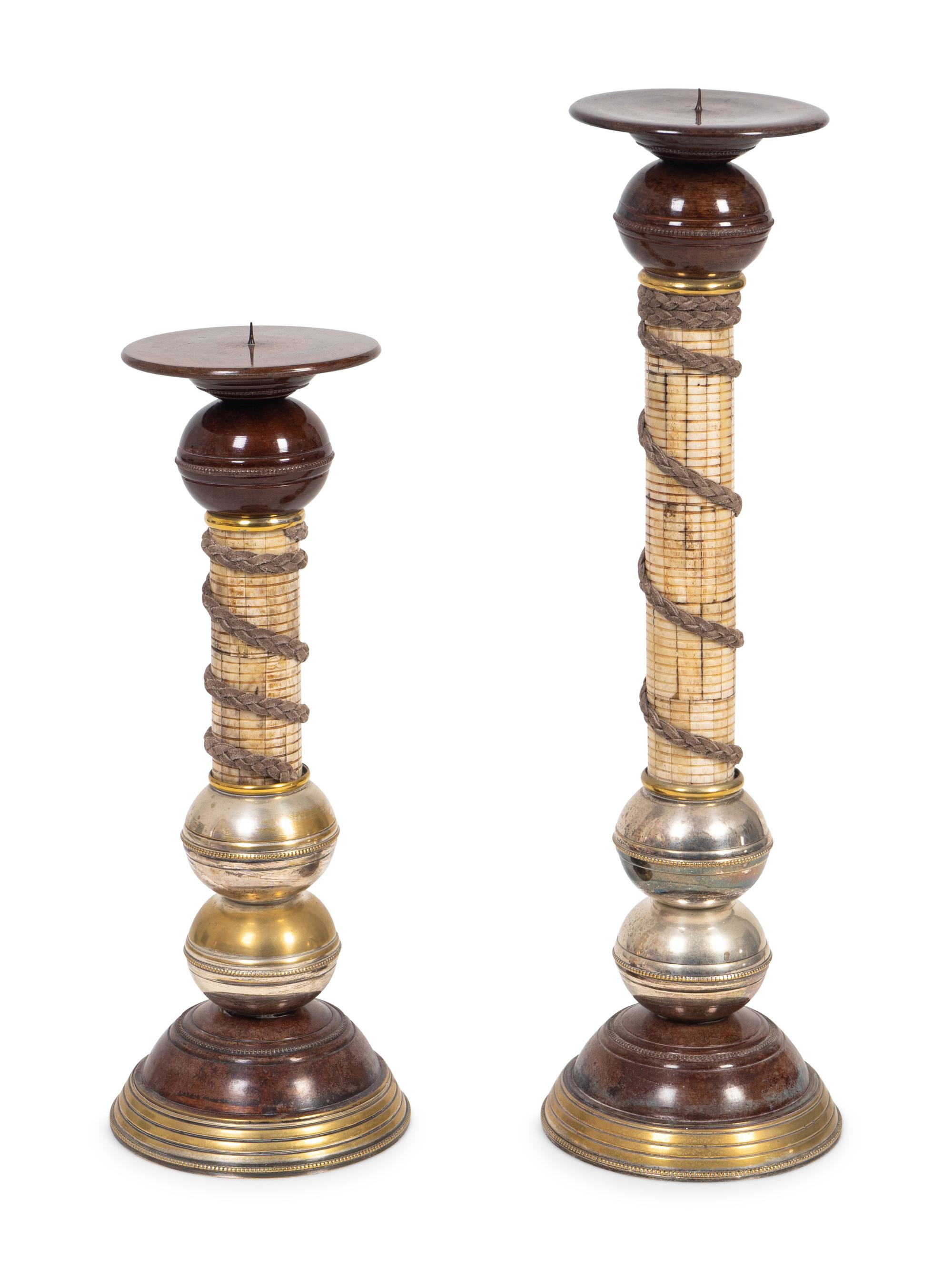 Two Tesselated Bone and Metalwork Candlesticks — 20TH CENTURY
