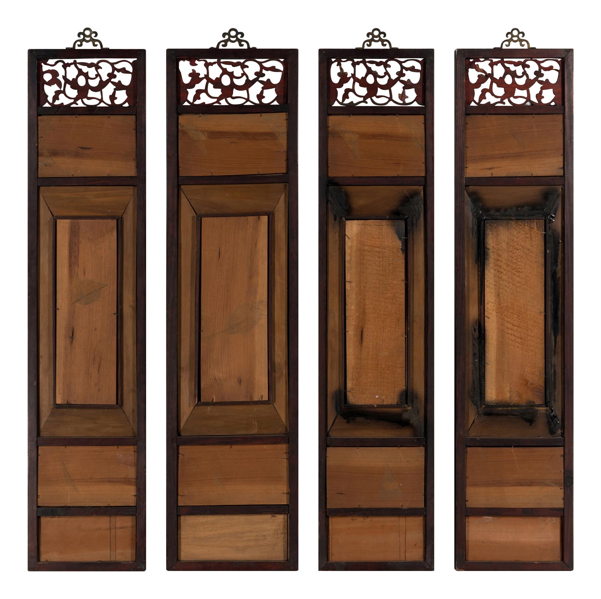 A Set of Four Chinese Famille Rose Porcelain Plaque Inset Hardwood Hanging Screens, Late Qing/Republic Period 清末/民國 紅木嵌山水詩文瓷板挂屏四條