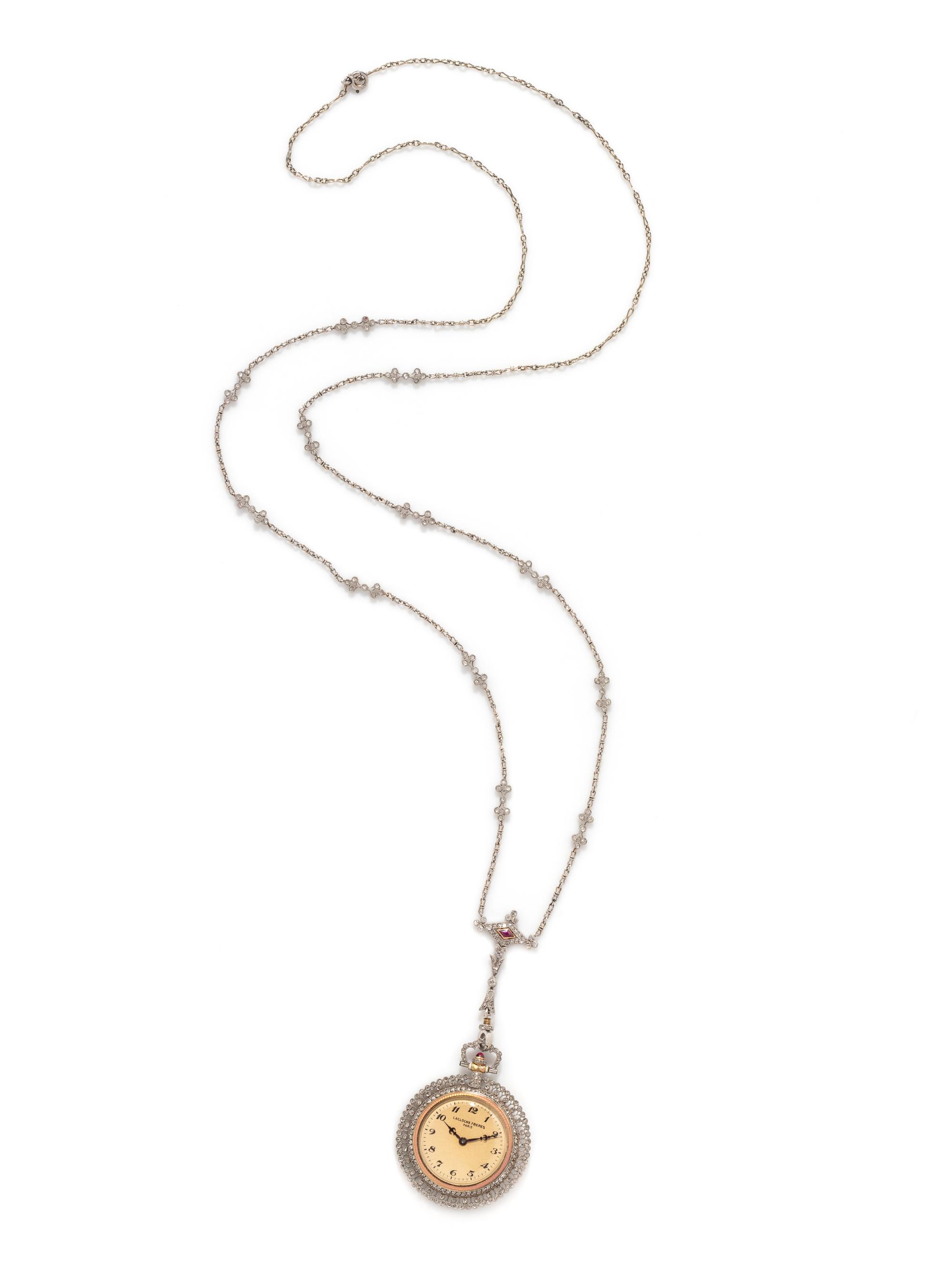 LACLOCHE FRÈRES, ANTIQUE, ENAMEL AND DIAMOND PENDANT WATCH