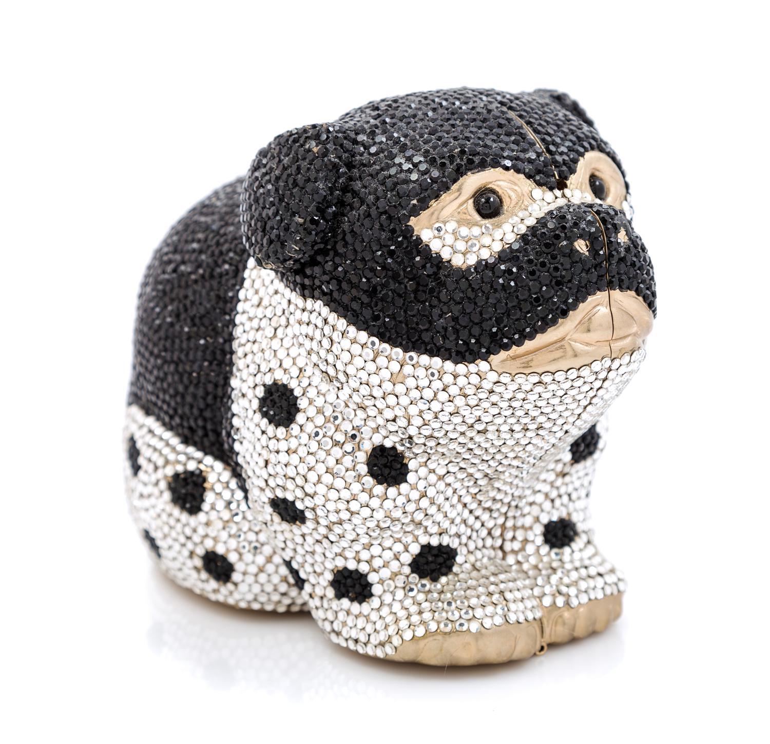 A Judith Leiber Pug Minaudiere, 5.5" x 3.5" x 3"; Strap drop: 19.25".