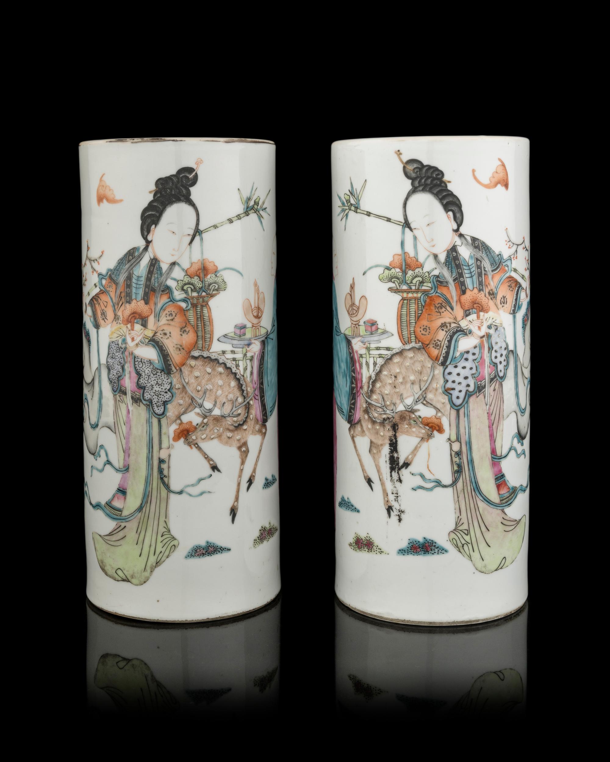A Pair of Chinese Famille Rose Porcelain 'Magu' Hat Stands