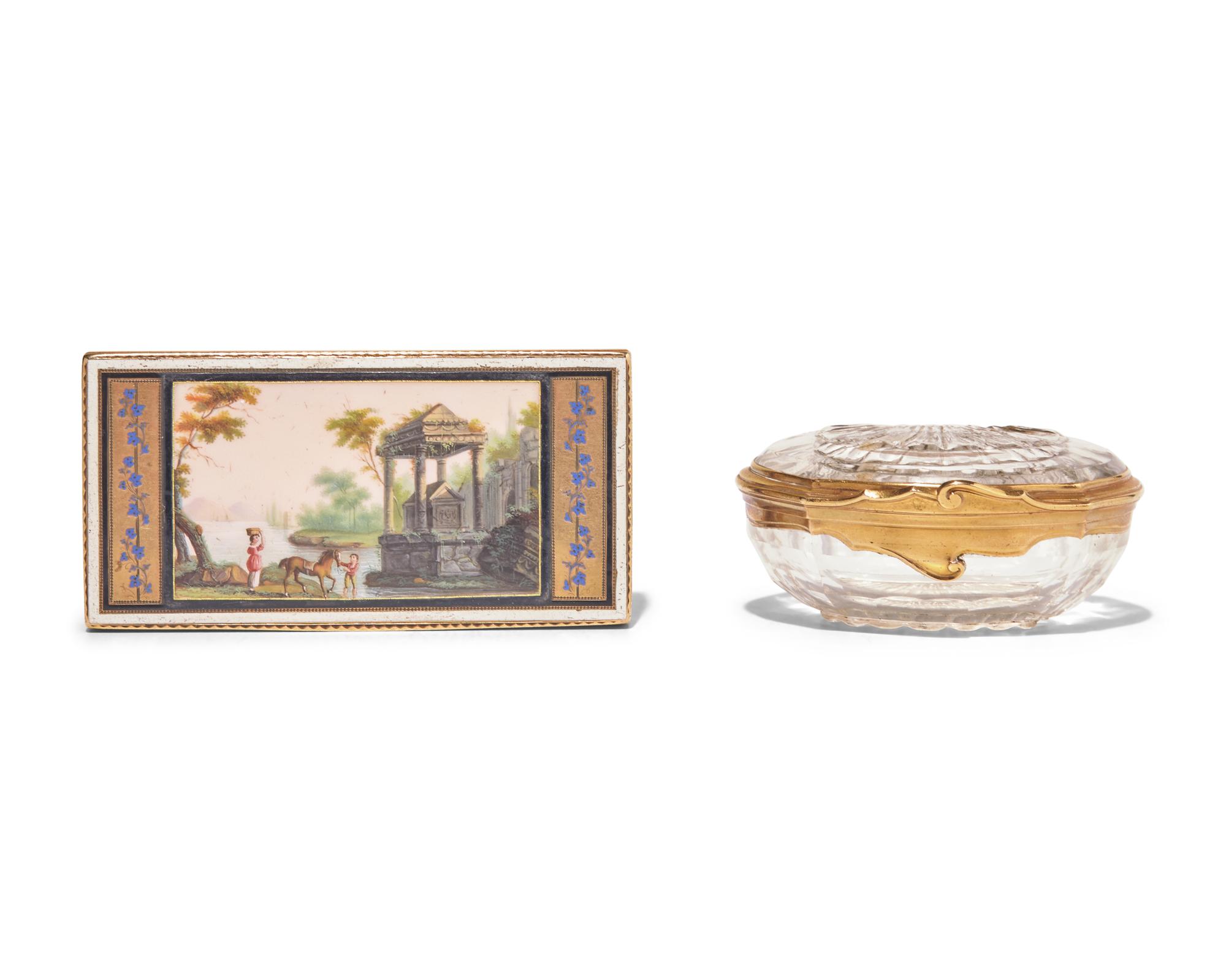 Two Continental Gold, Enamel, and Crystal Snuff Boxes