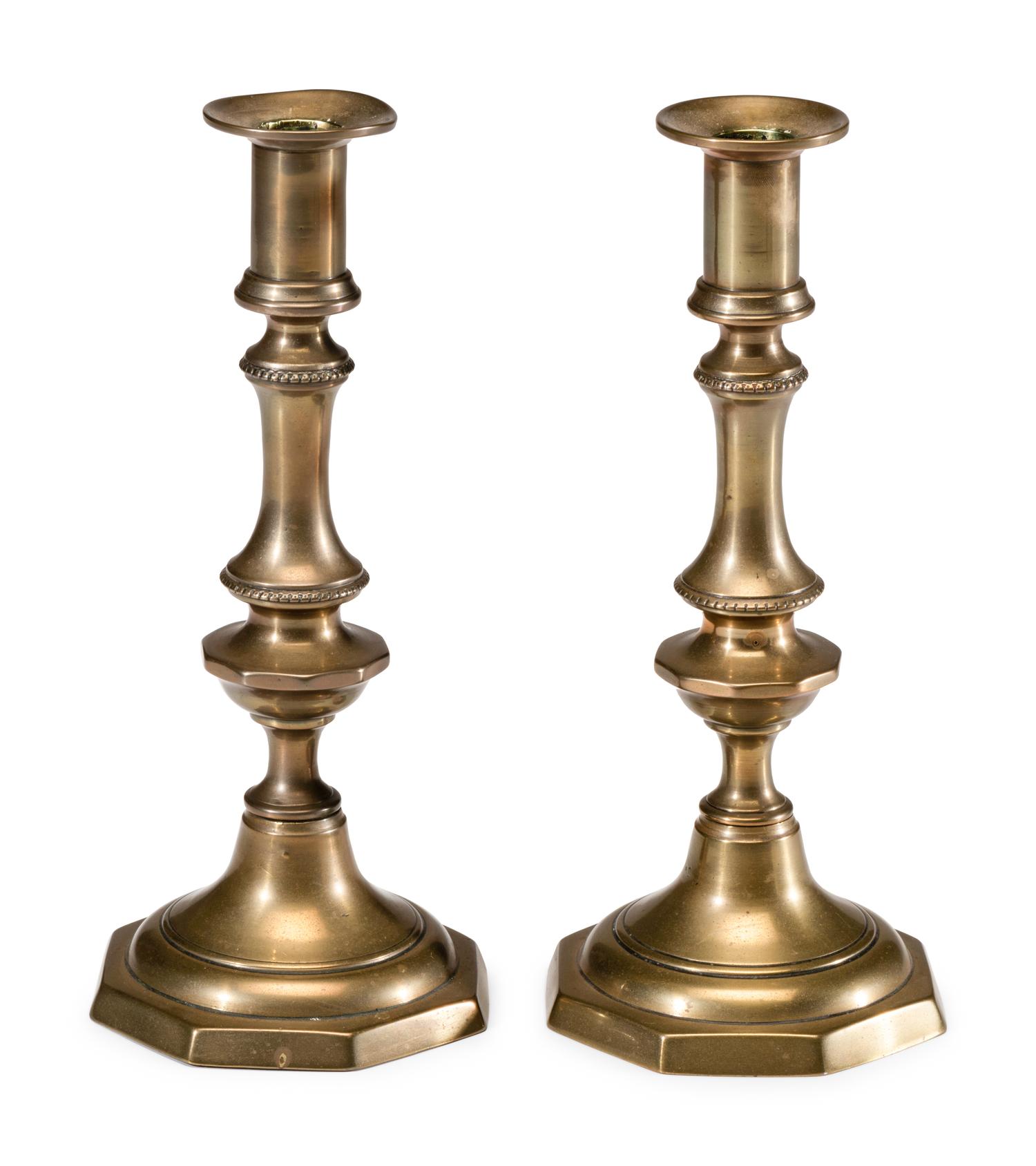 A Pair of English Brass Octagonal Base Candlesticks
