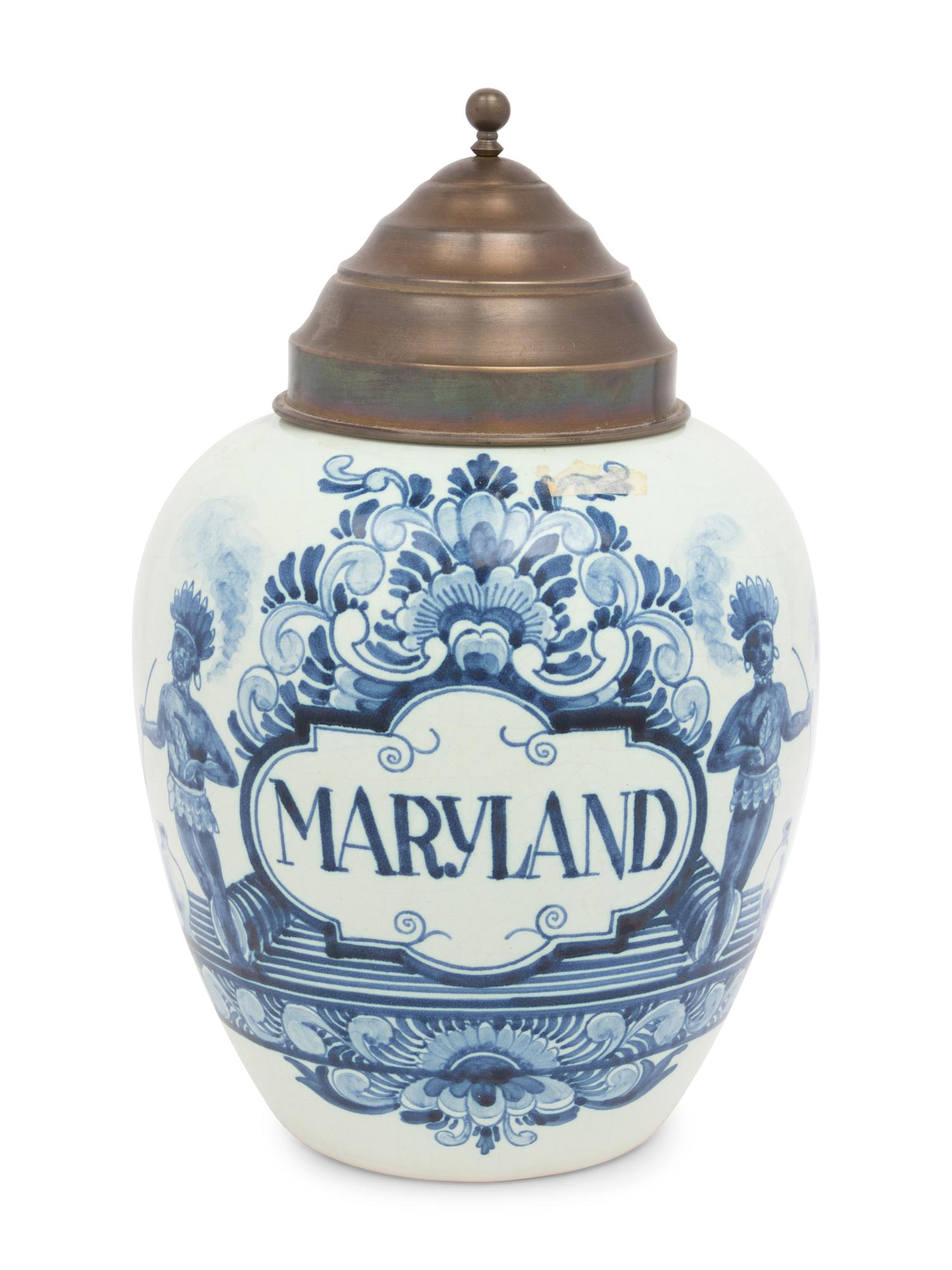 A Delftware Tobacco Jar with Brass Lid