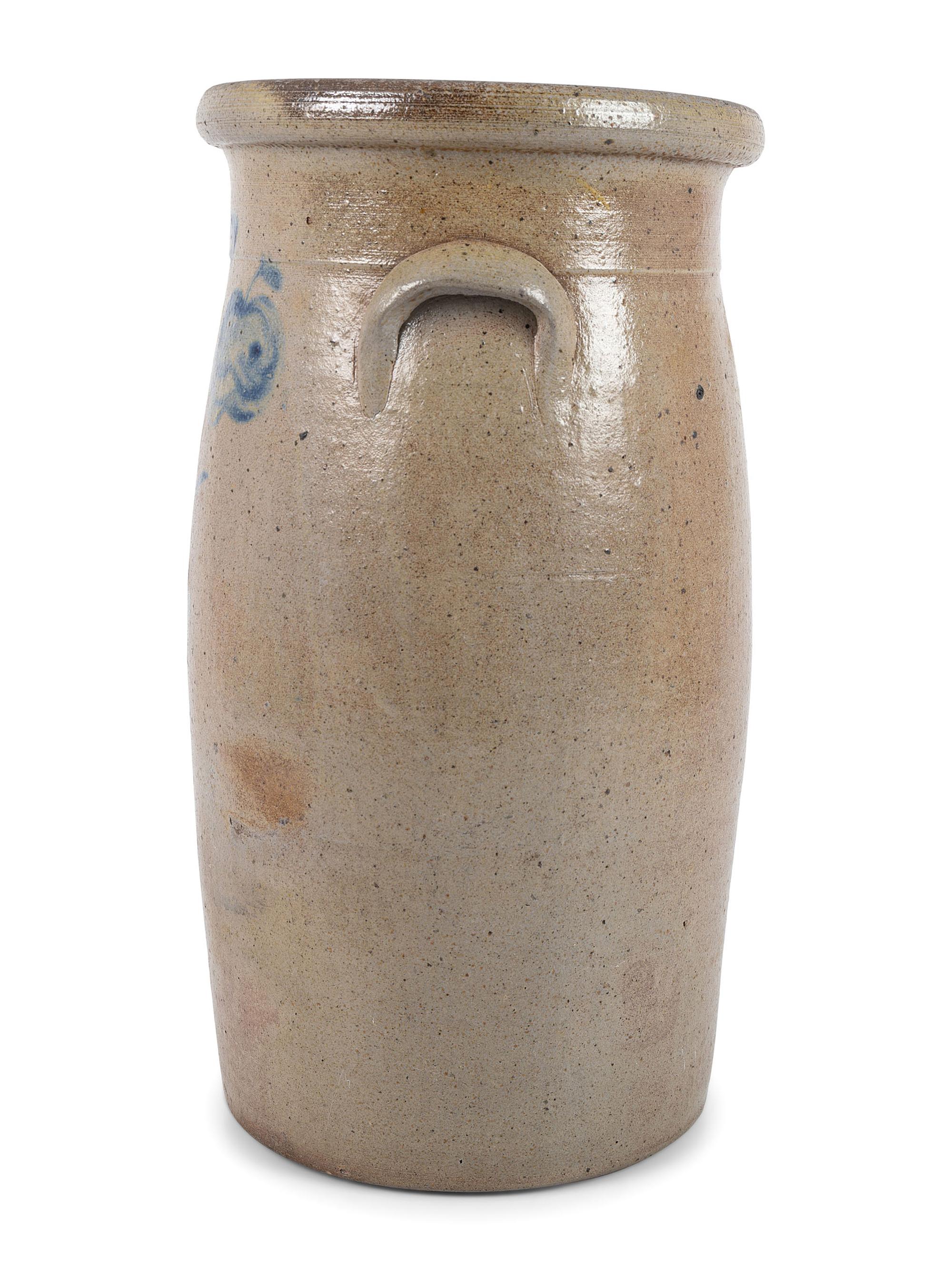 A Three-Gallon Stoneware Crock with Freehand Cobalt Apples
