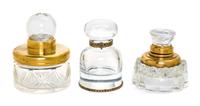 Three Brass Mounted Glass Inkwells Height of tallest 3 3/4 inches.