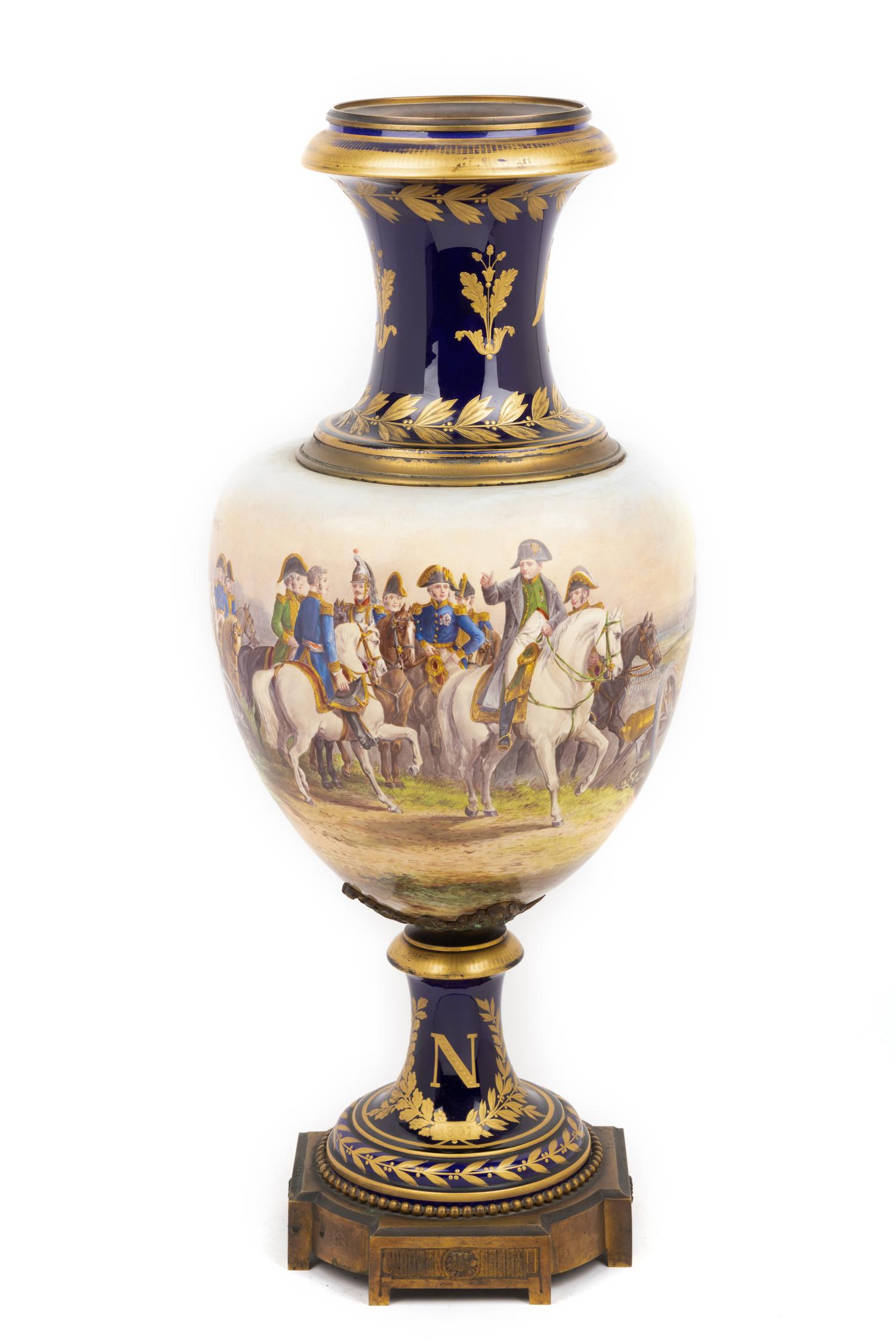 A Large Sèvres Style Porcelain Napoleonic Vase and Pedestal
