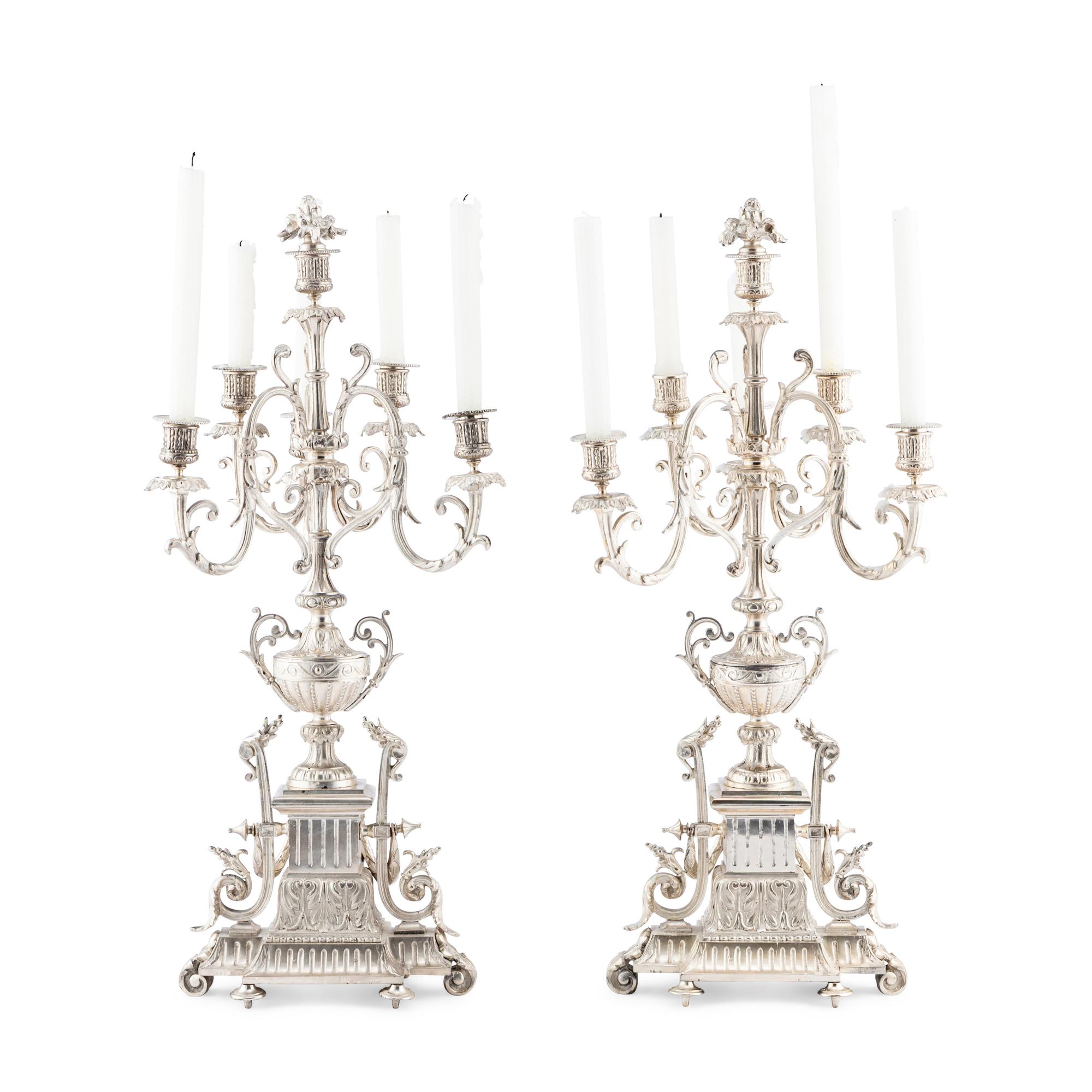 A Pair of Napoleon III Silvered Bronze Six-Light Candelabra