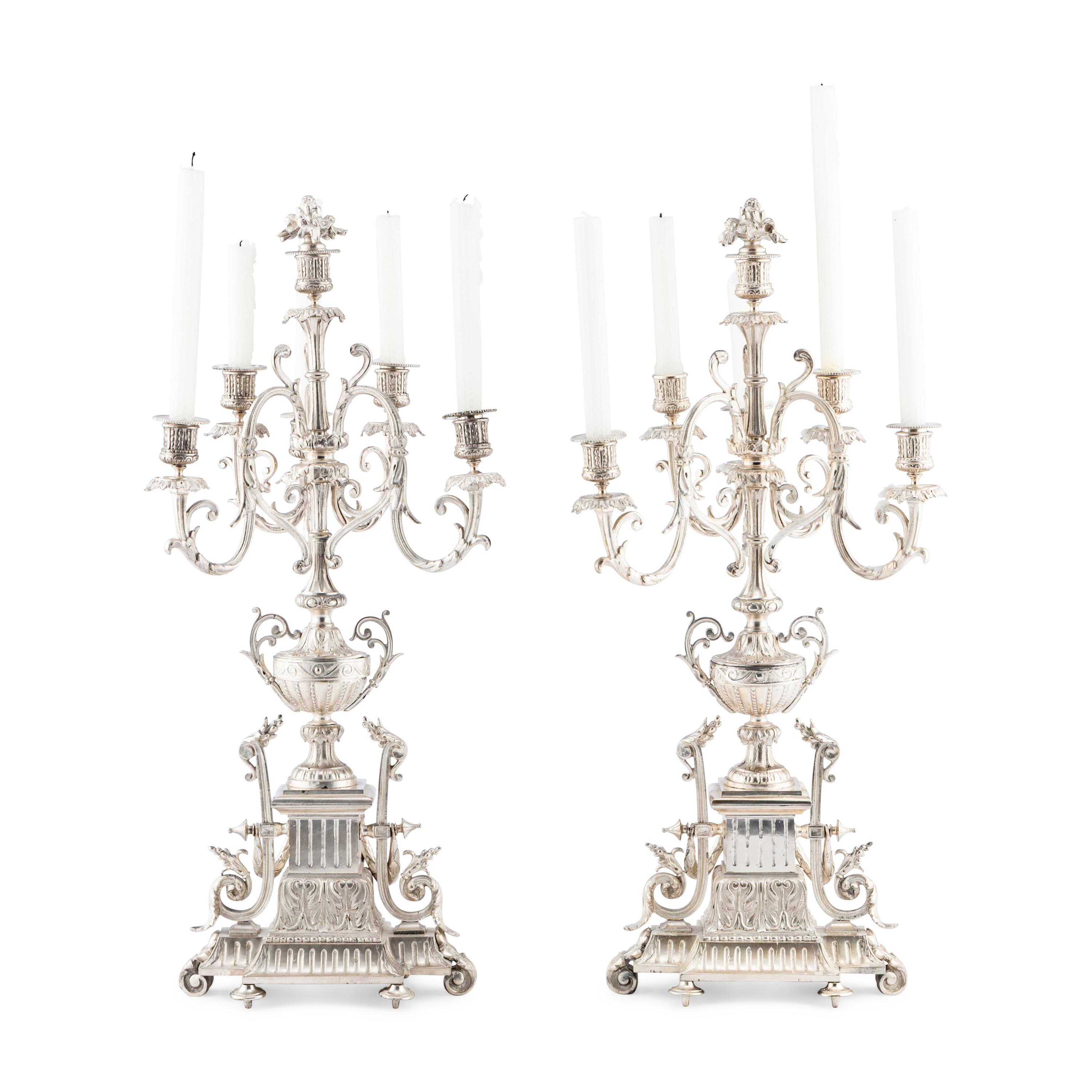 A Pair of Napoleon III Silvered Bronze Six-Light Candelabra