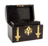 An English Brass Banded Calamander Tea Caddy, Width 8 3/4 inches.