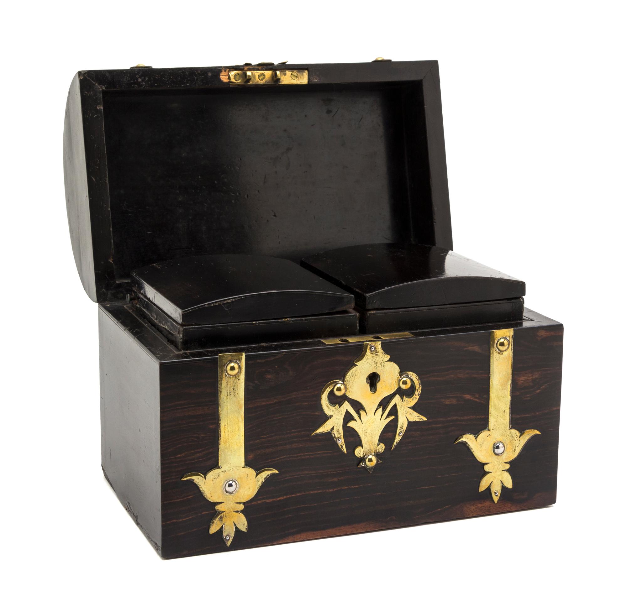An English Brass Banded Calamander Tea Caddy, Width 8 3/4 inches.