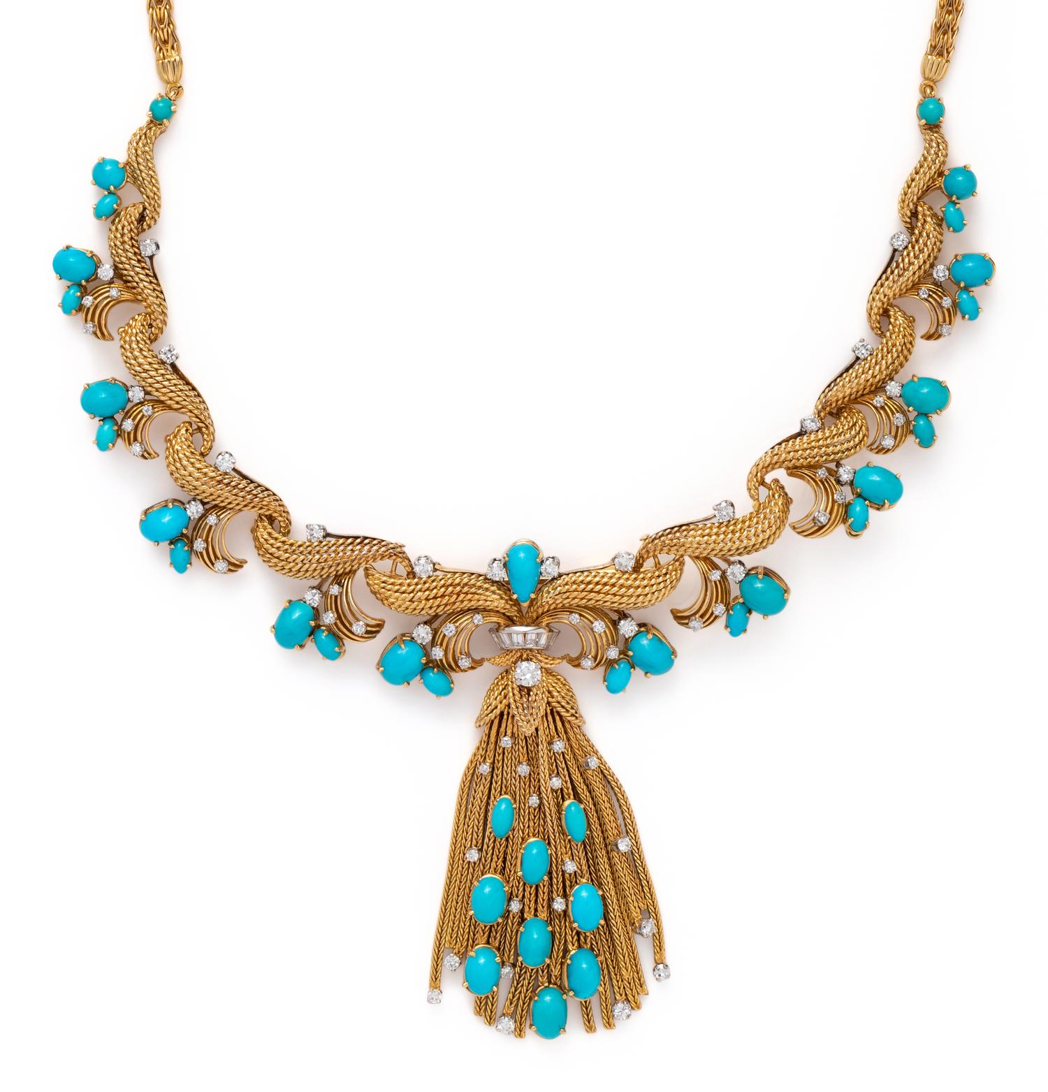 YELLOW GOLD, TURQUOISE AND DIAMOND CONVERTIBLE NECKLACE/BROOCH