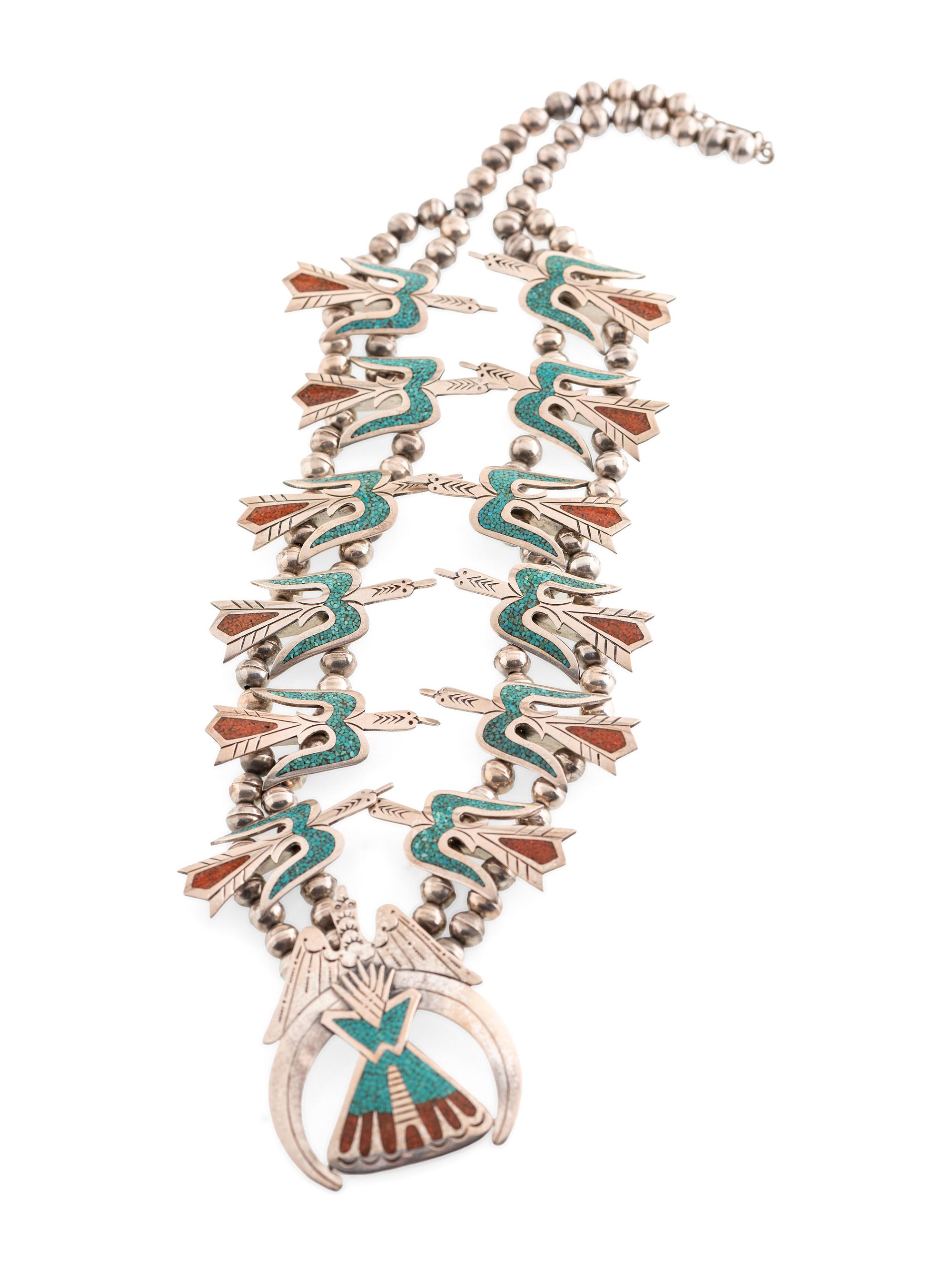 Navajo Silver Peyote Bird Squash Blossom Necklace, with Coral and Turquoise Chip Inlay