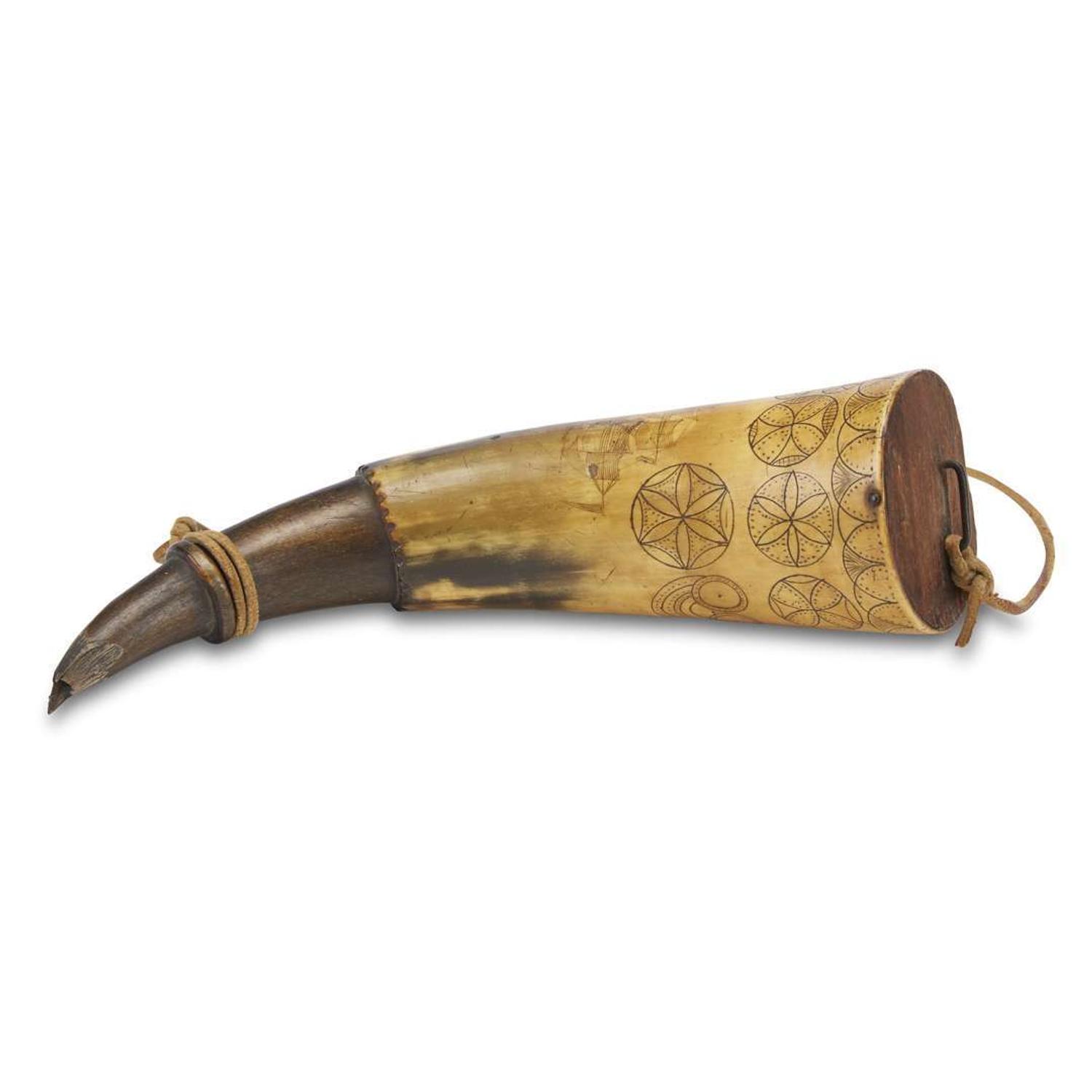 Incised powder horn, "The Ship Polle" 18th century