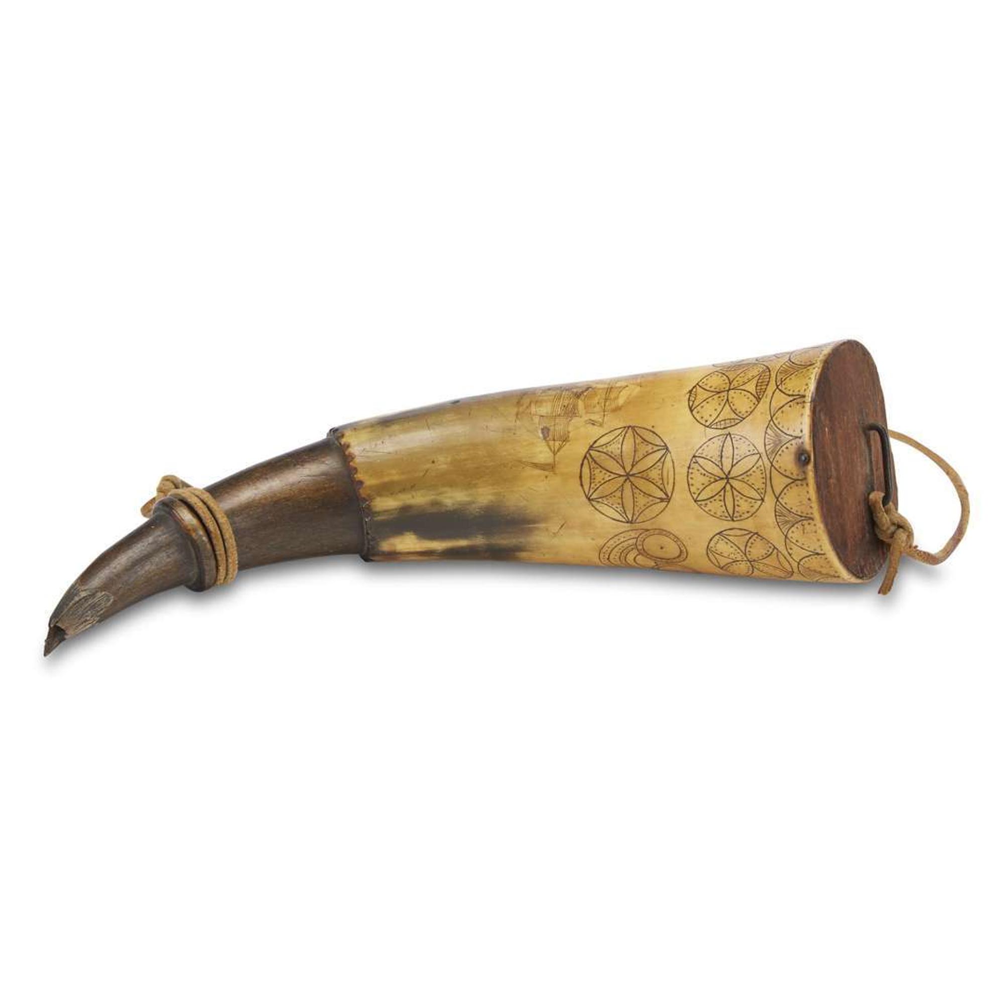 Incised powder horn, "The Ship Polle" 18th century