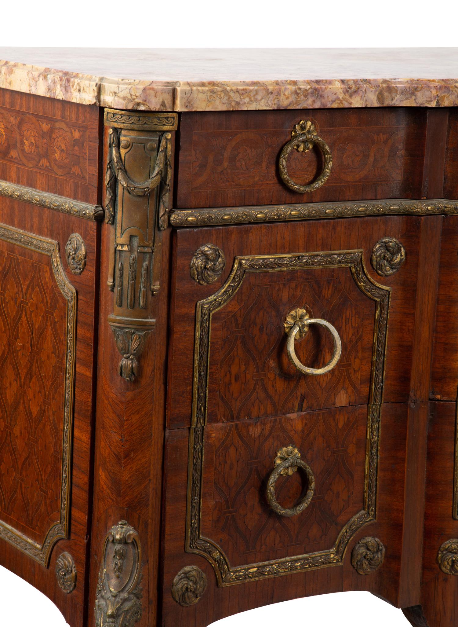 A Louis XVI Style Marquetry, Gilt Bronze and Marble Top Three-Drawer Commode — LATE 19TH CENTURY