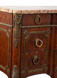 A Louis XVI Style Marquetry, Gilt Bronze and Marble Top Three-Drawer Commode — LATE 19TH CENTURY