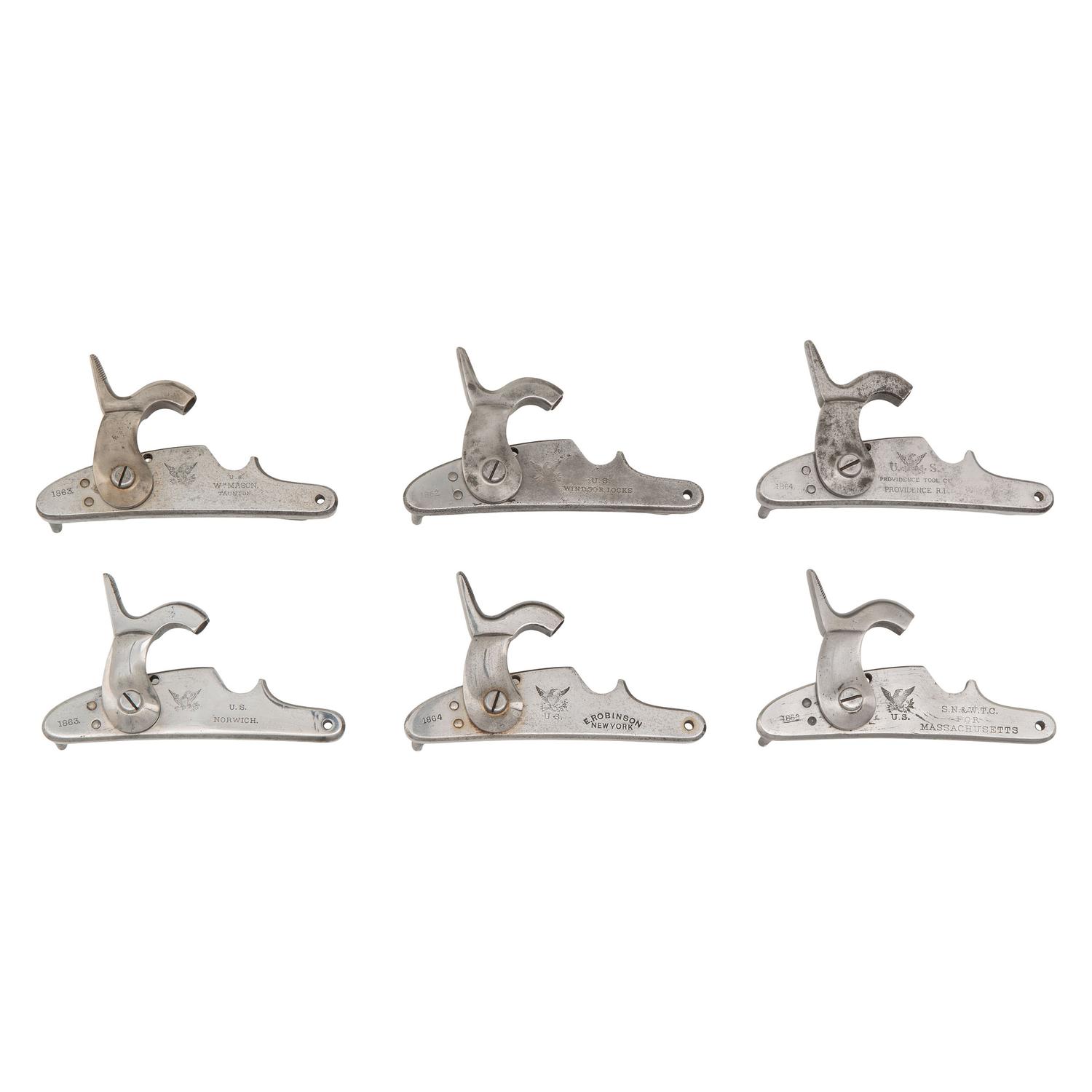 Six US Model 1861 Contract Rifle Musket Locks, Including Robinson, Norwich & Windsor Locks