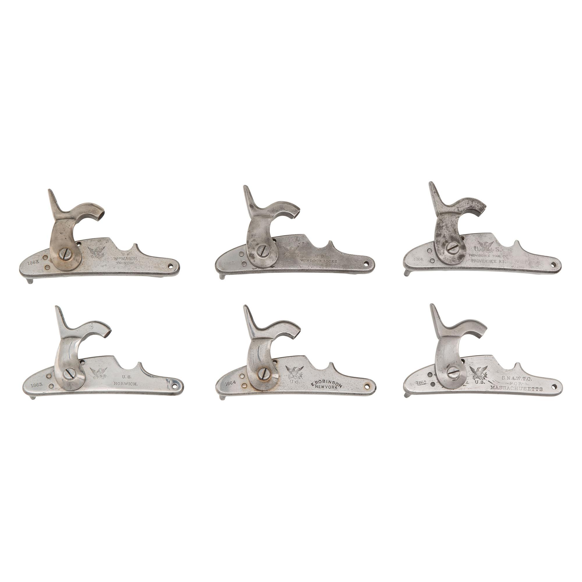 Six US Model 1861 Contract Rifle Musket Locks, Including Robinson, Norwich & Windsor Locks