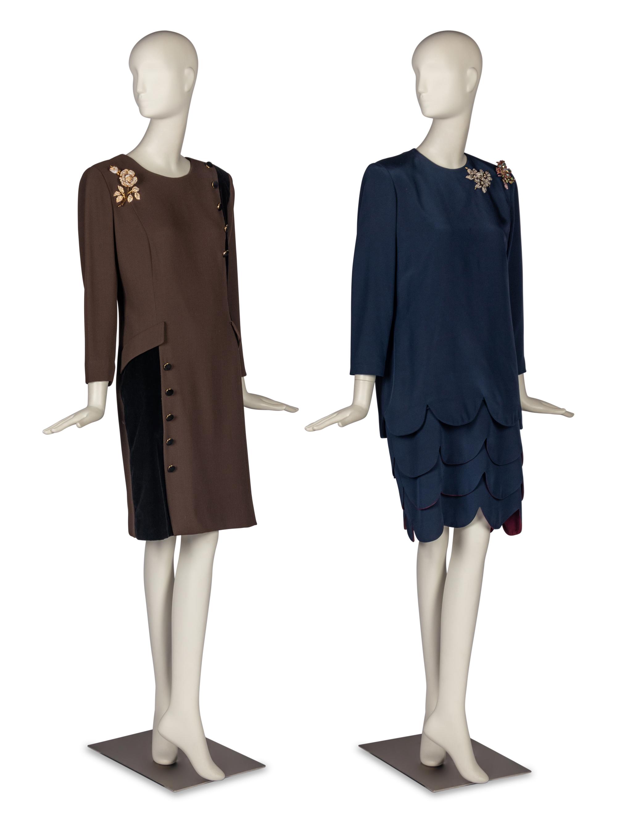 Two Dresses by Travilla and Mimmina with Three Brooches