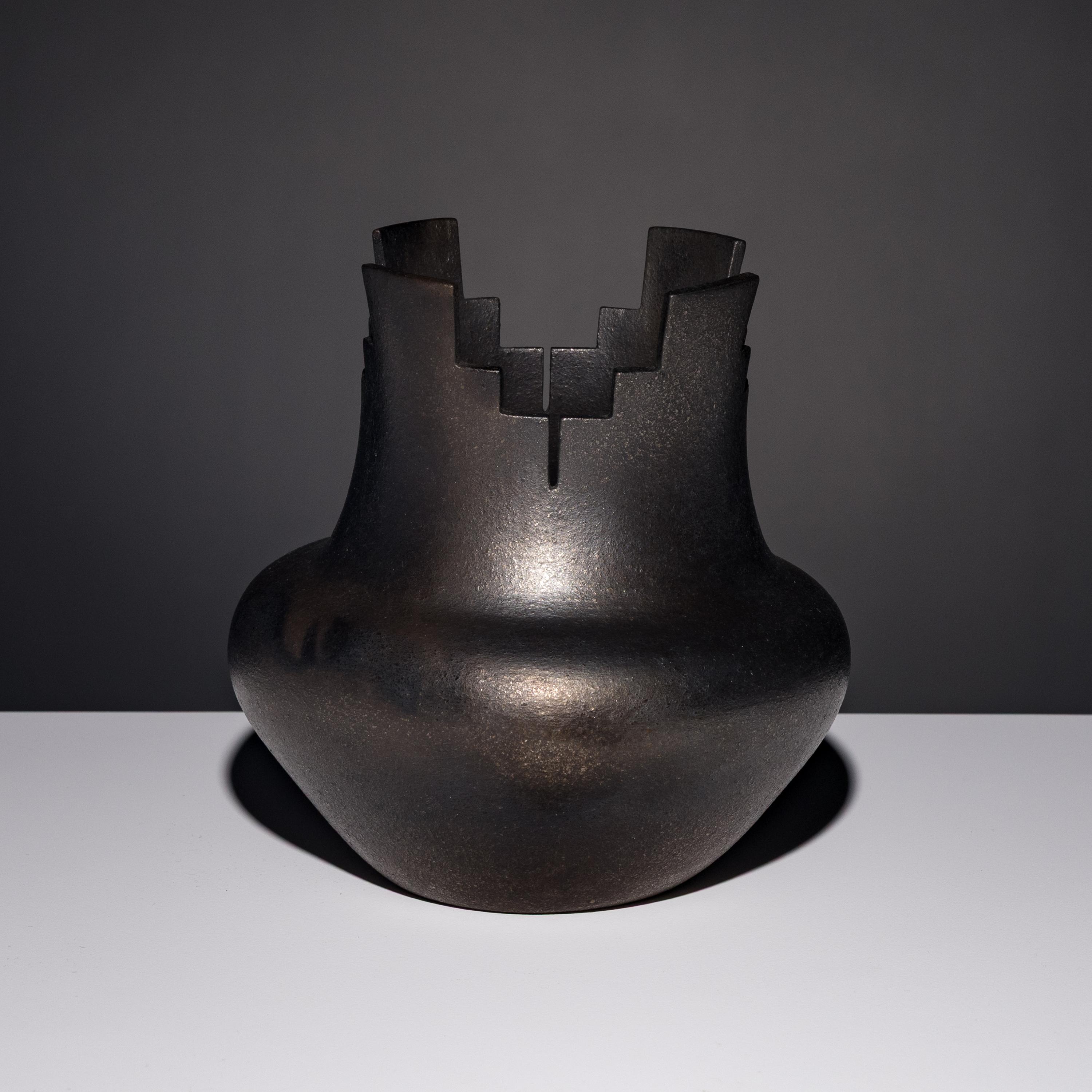 Angie Yazzie (Taos, b. 1965) — Micaceous Blackware Pottery Jar, with Terraced Rim