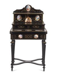 A Napoleon III Porcelain Mounted Ebonized Bonheur du Jour