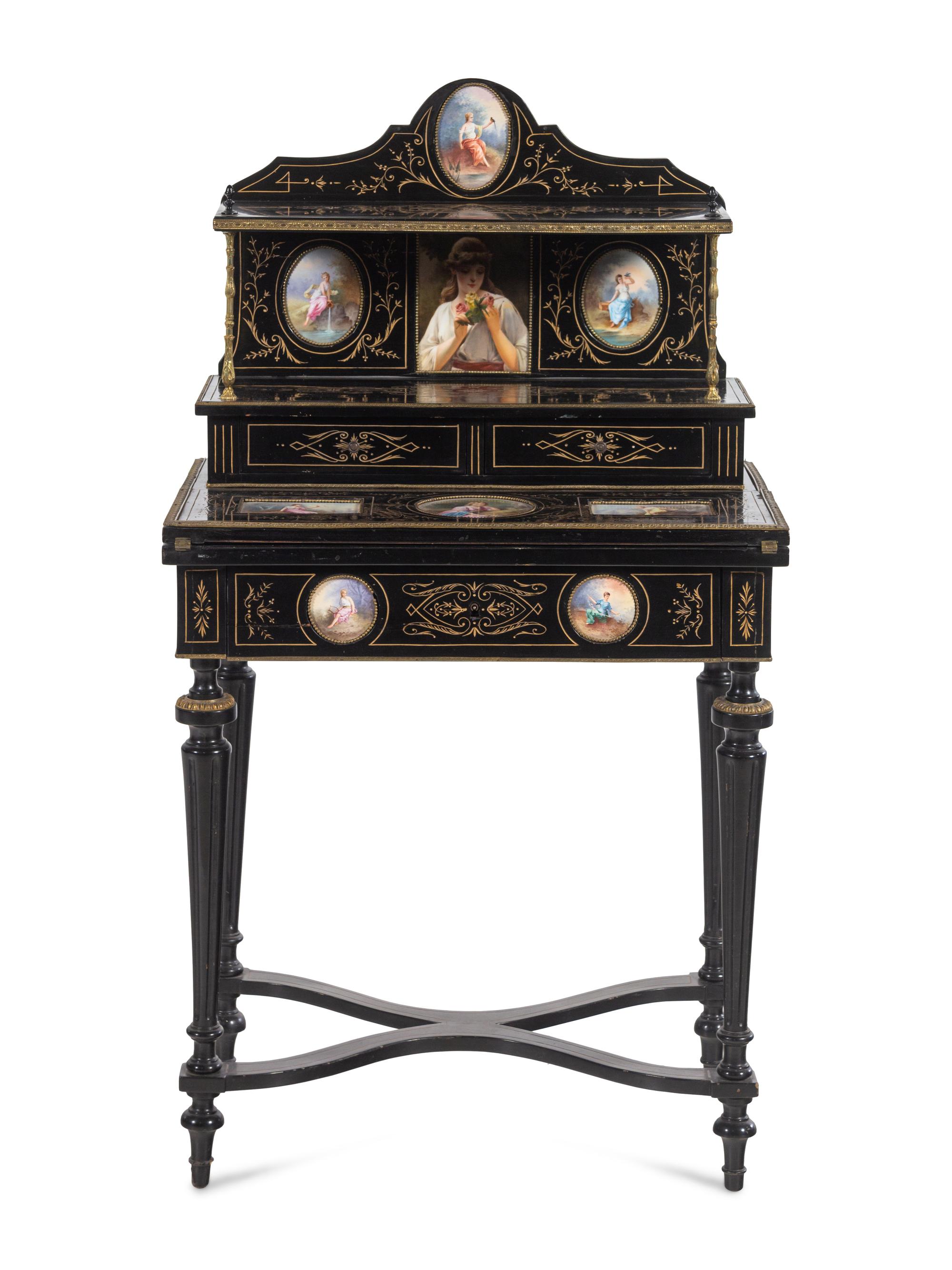 A Napoleon III Porcelain Mounted Ebonized Bonheur du Jour